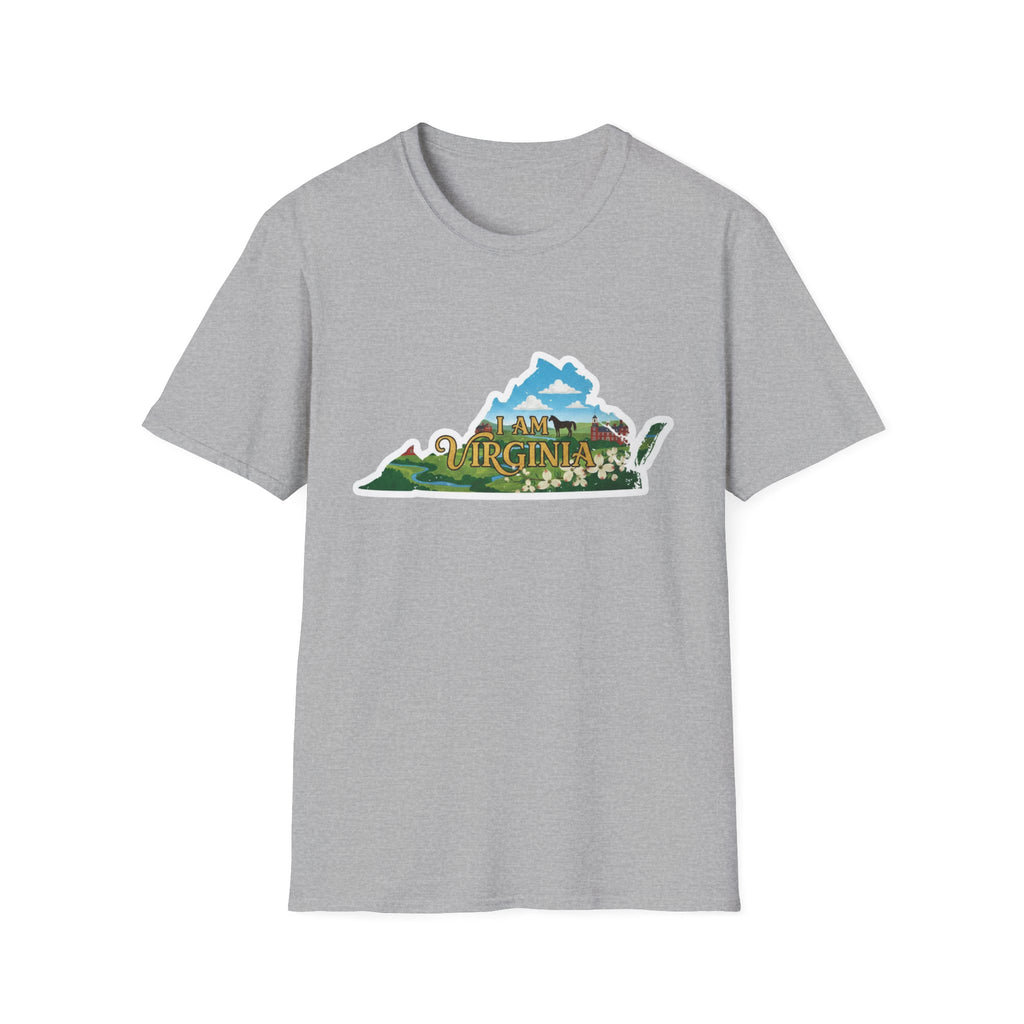 Sport Grey t-shirt with “I AM VIRGINIA” scenic state outline graphic