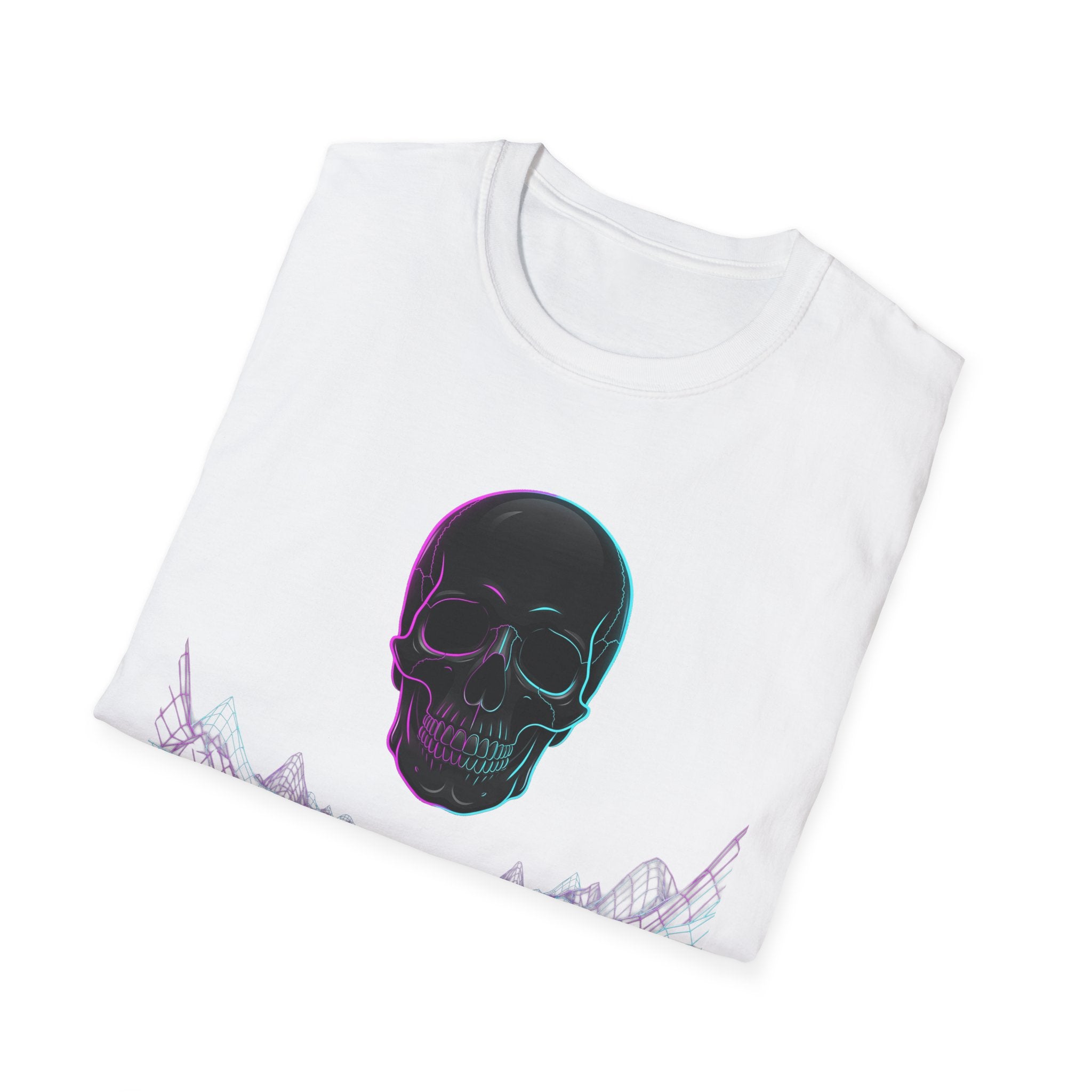 Vaporwave Neon Skull T-Shirt, weiß mit Neon-Schädel-Print und Retro-Stadt unten