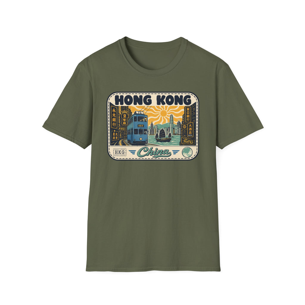 Military green crewneck T-shirt with "HONG KONG" vintage tram graphic on front