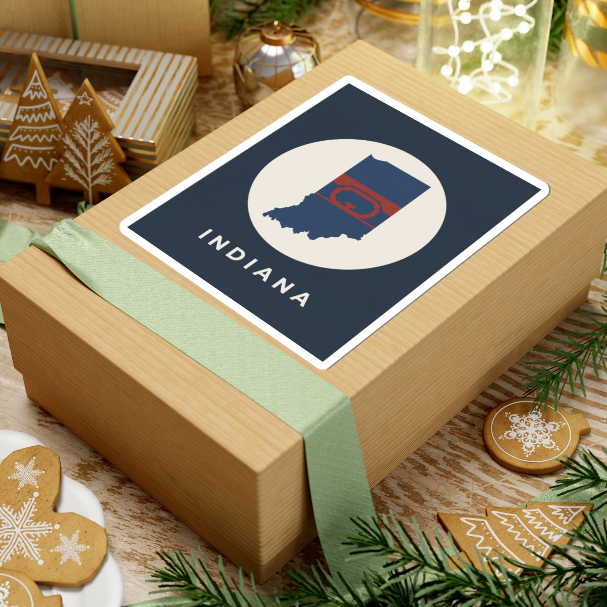 Indiana state map flag kiss-cut sticker on gift box lid