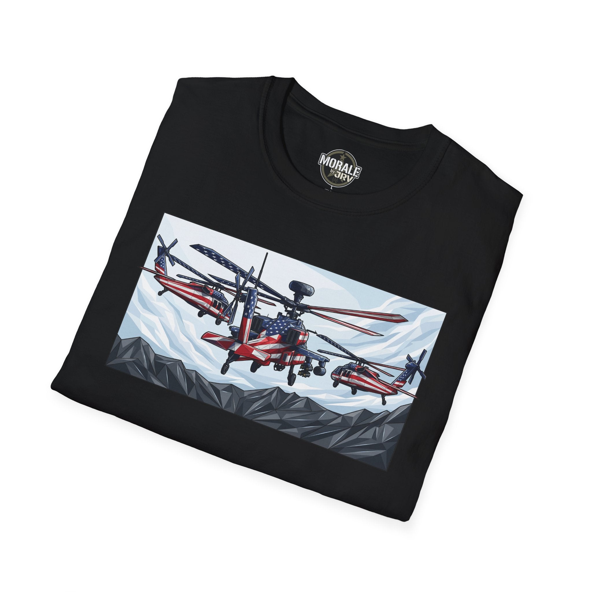 Black T-shirt with attack helicopter graphic on mountain scene