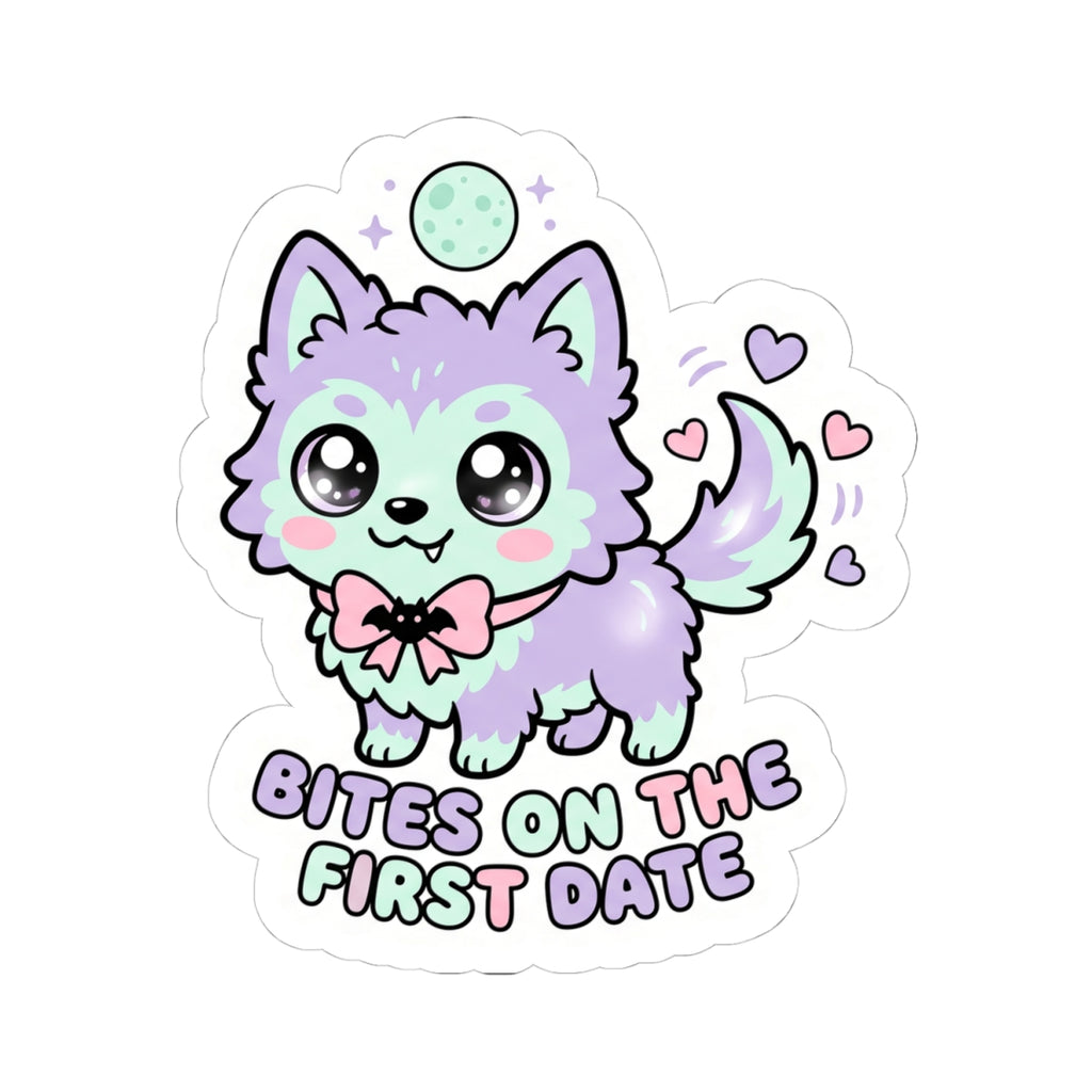 Kawaii wolf kiss-cut sticker with mint-and-purple fur, small hearts, and "BITES ON THE FIRST DATE"