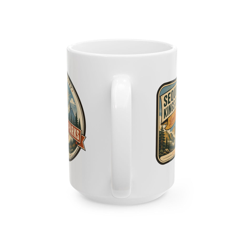 White ceramic mug with Sequoia & Kings Canyon badge graphic and side handle