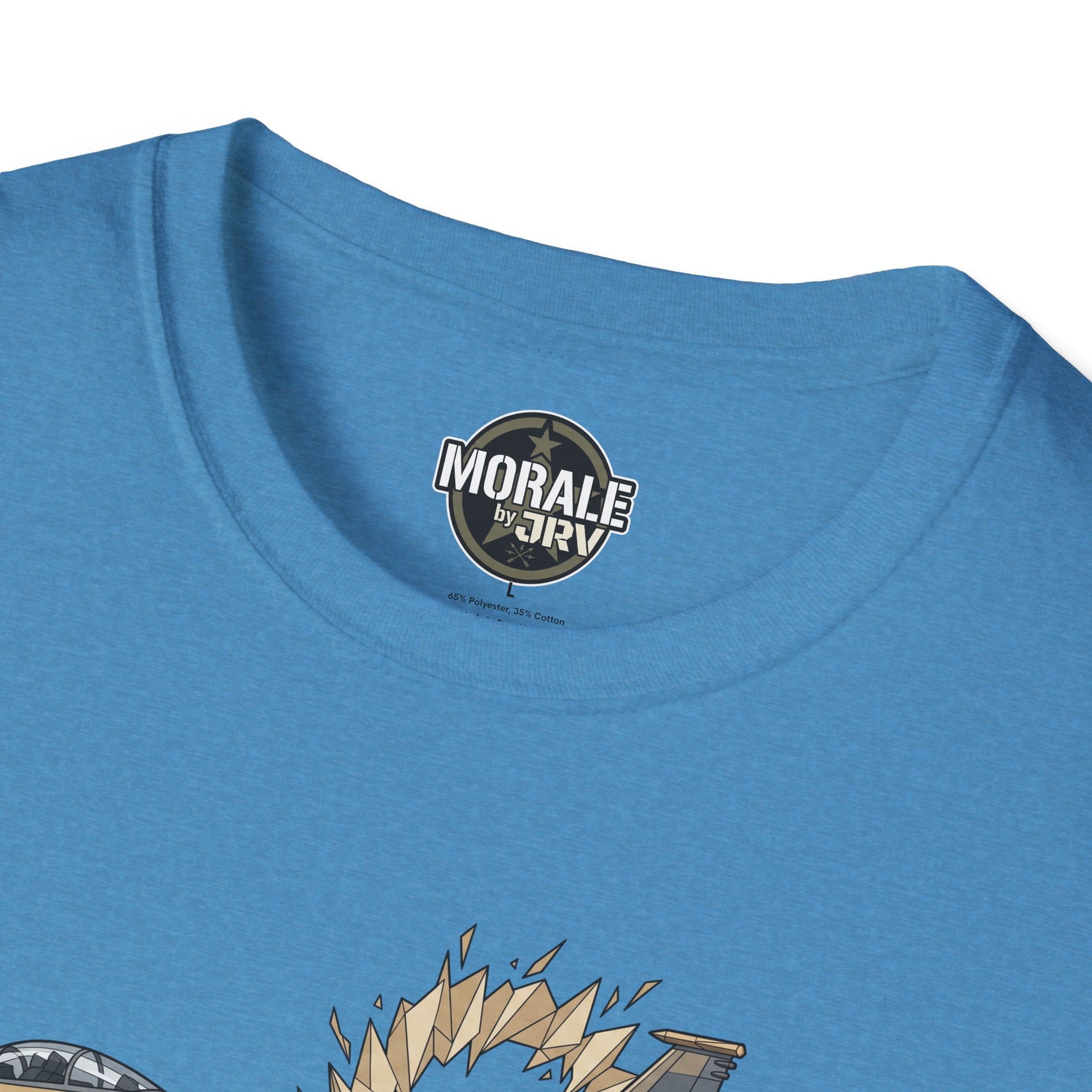 Light blue T-shirt neckline close-up with round logo and top of jet graphic