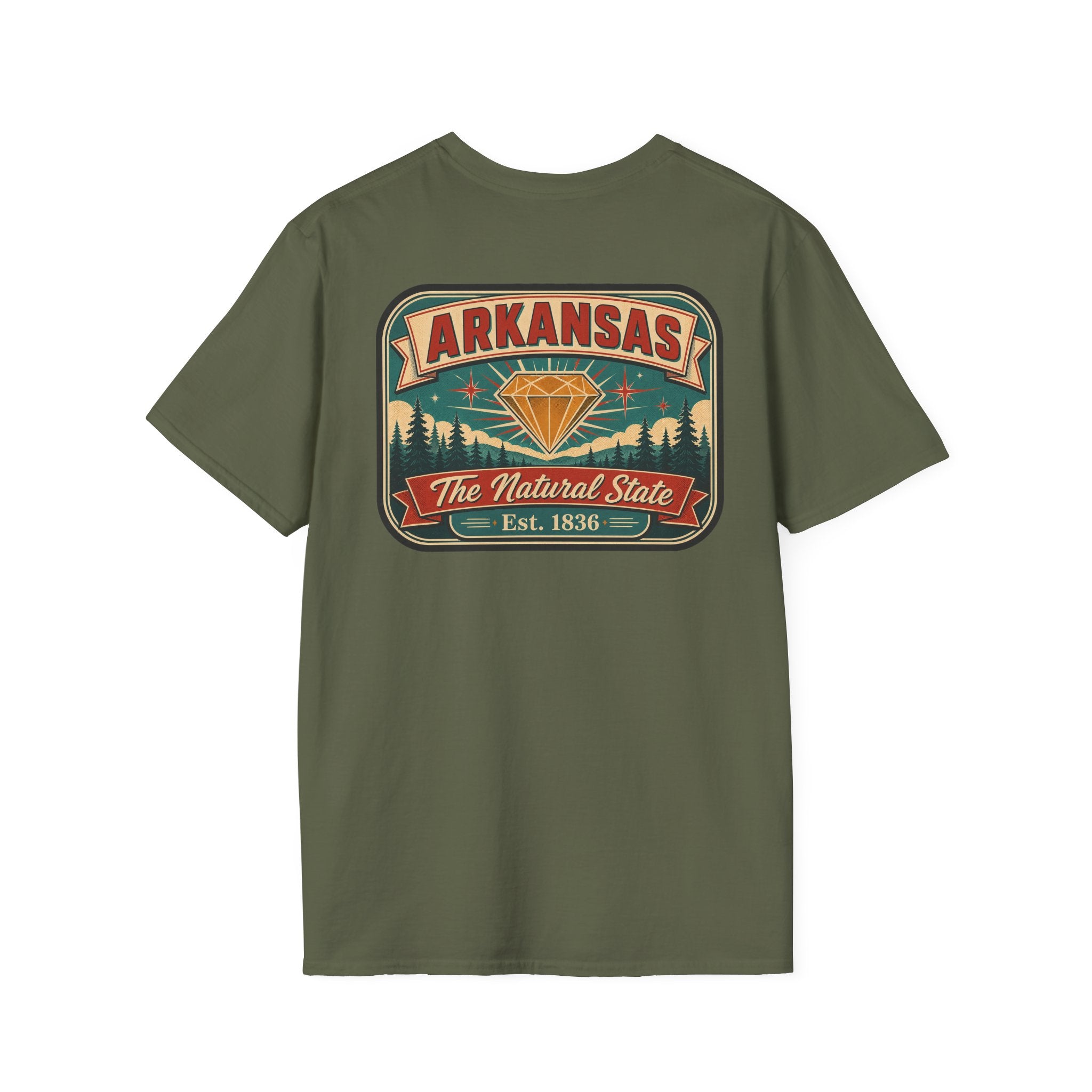 Crewneck T-shirt in olive green with Arkansas “Natural State” badge graphic