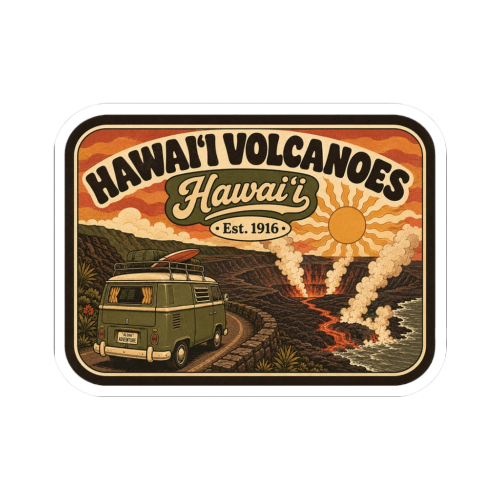Kiss-cut travel sticker featuring Hawaii Volcanoes design, green camper van, lava trail
