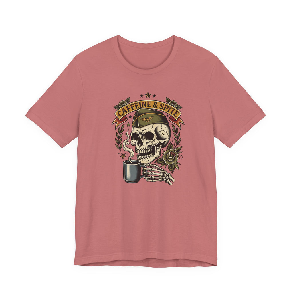 Dusty rose T-shirt with skull holding coffee mug graphic in green and gold