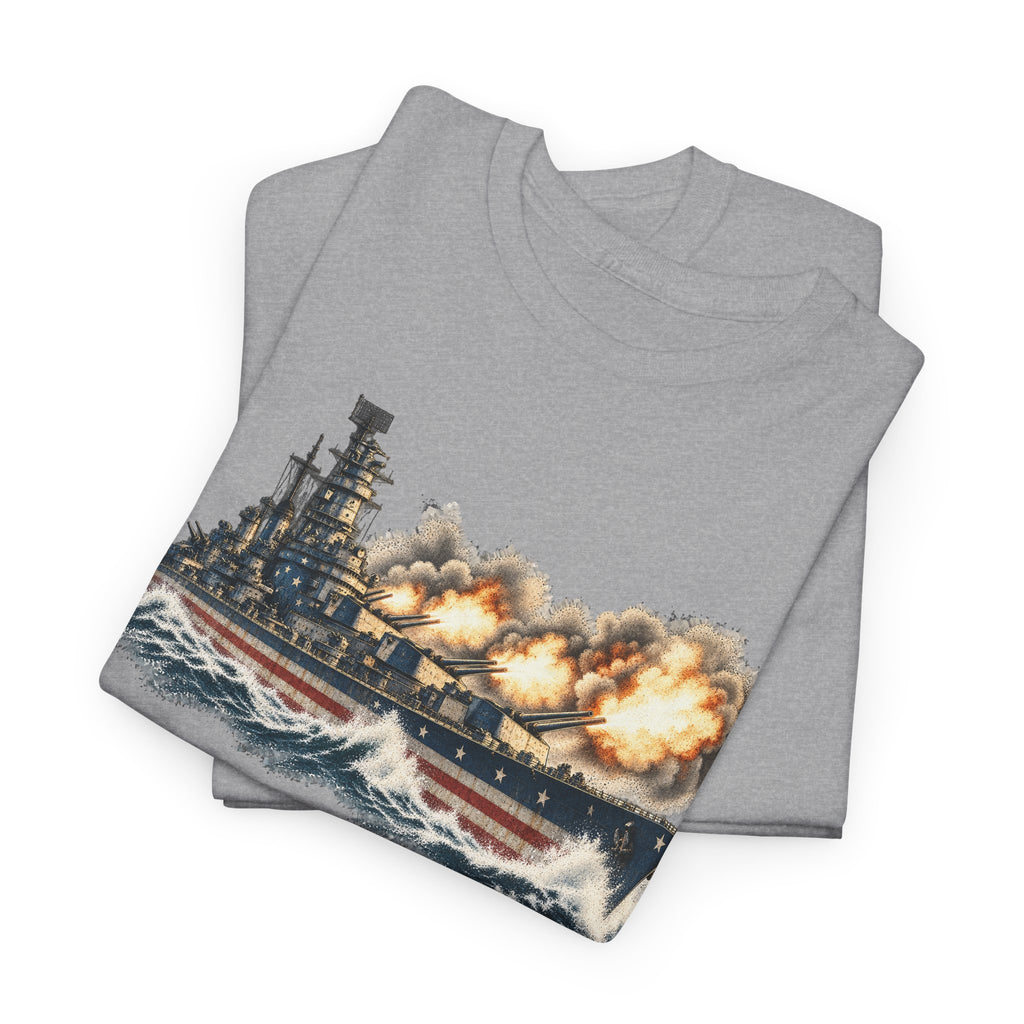 Heather gray crewneck T-shirt with battleship and explosion graphic print