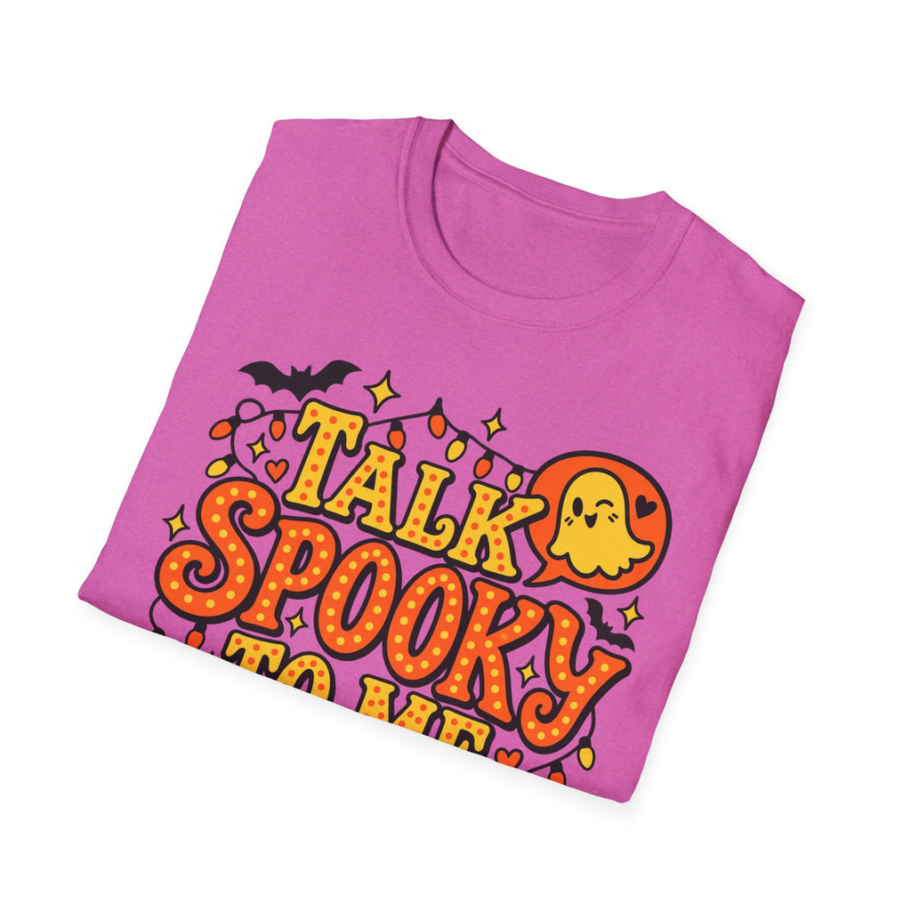 Pink Halloween T-shirt with 'Talk Spooky' text and cute ghost face graphic.