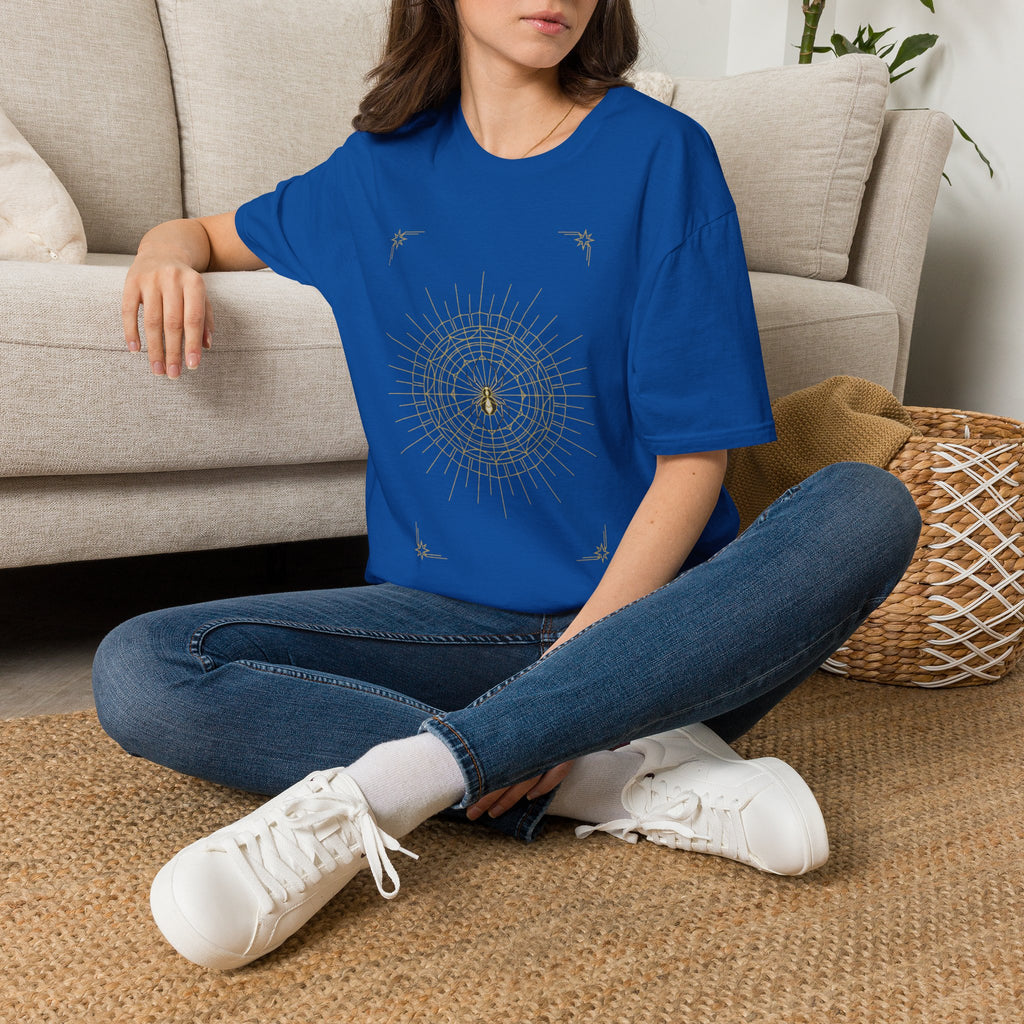 Royal blue T-shirt with gold web mandala graphic on the front