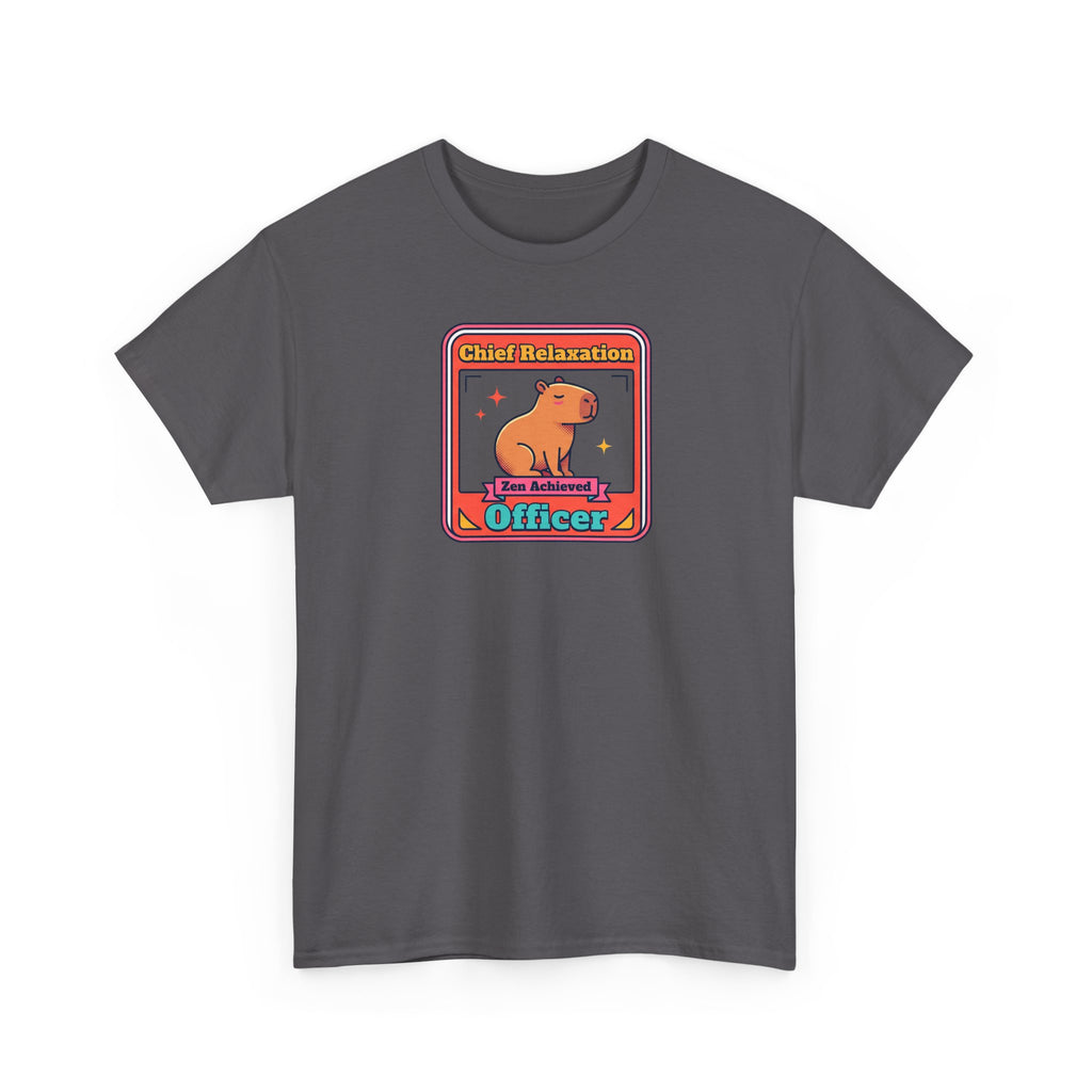 Charcoal crew-neck T-shirt with capybara zen 'Officer' graphic front