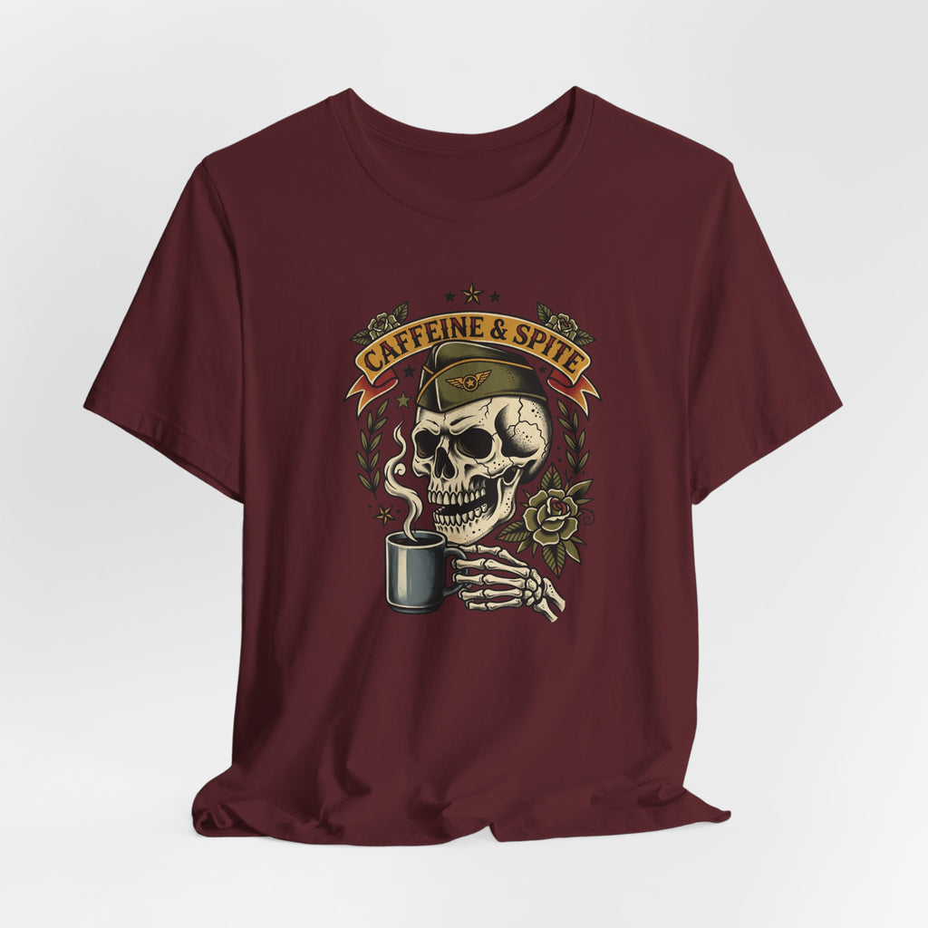 Burgundy crewneck T-shirt featuring front skull holding a coffee mug graphic