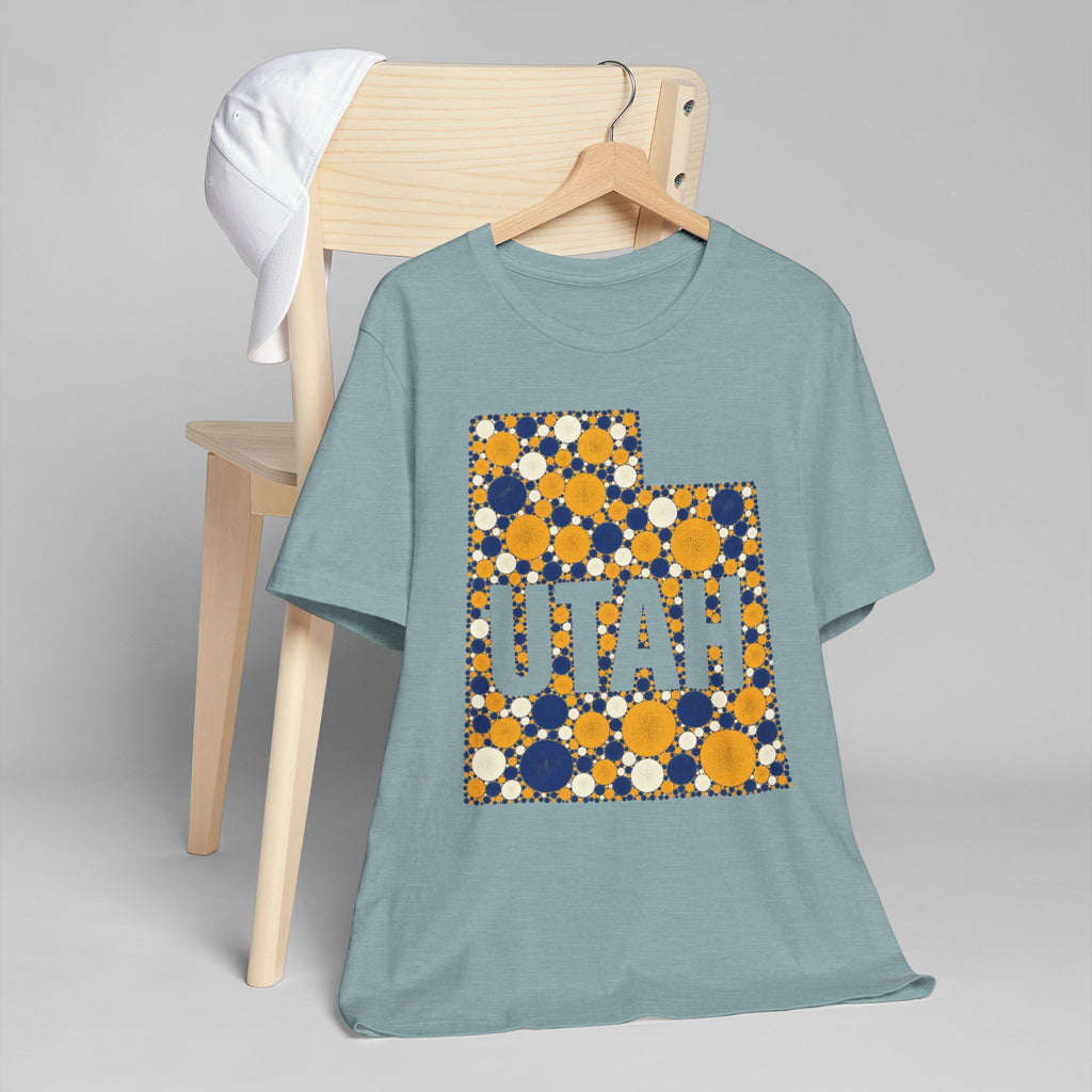 Teal crew-neck T-shirt with multicolor polka dot UTAH graphic