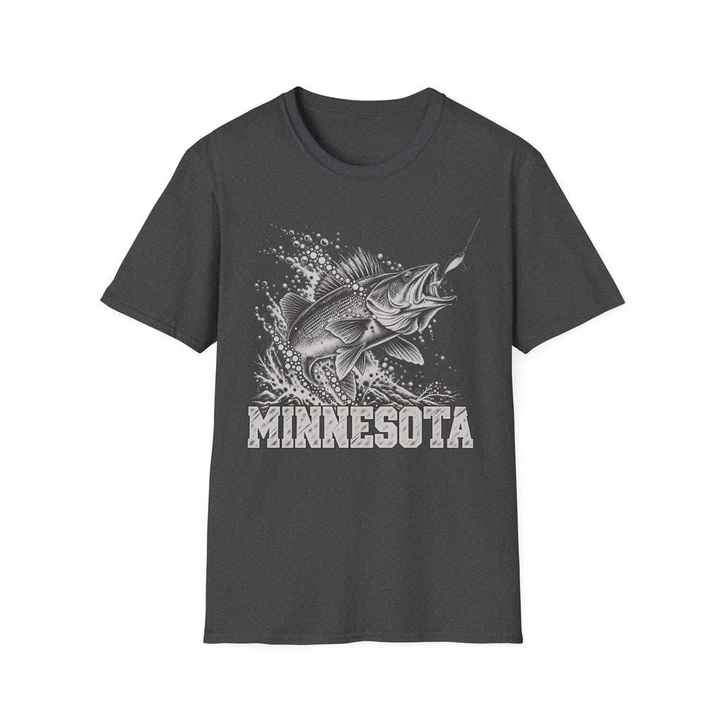 Dark gray t-shirt with leaping walleye graphic and MINNESOTA text