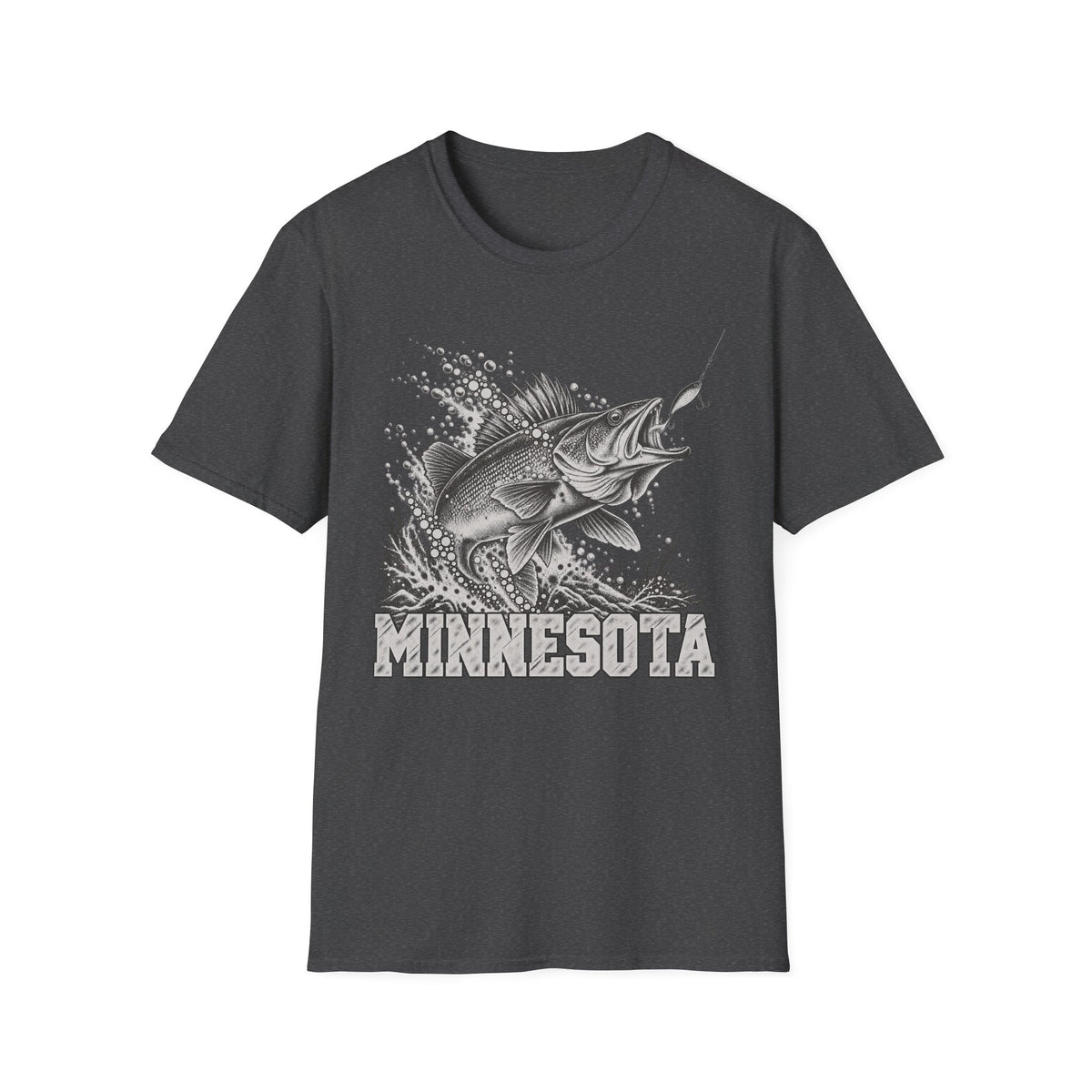 Dark gray t-shirt with leaping walleye graphic and MINNESOTA text