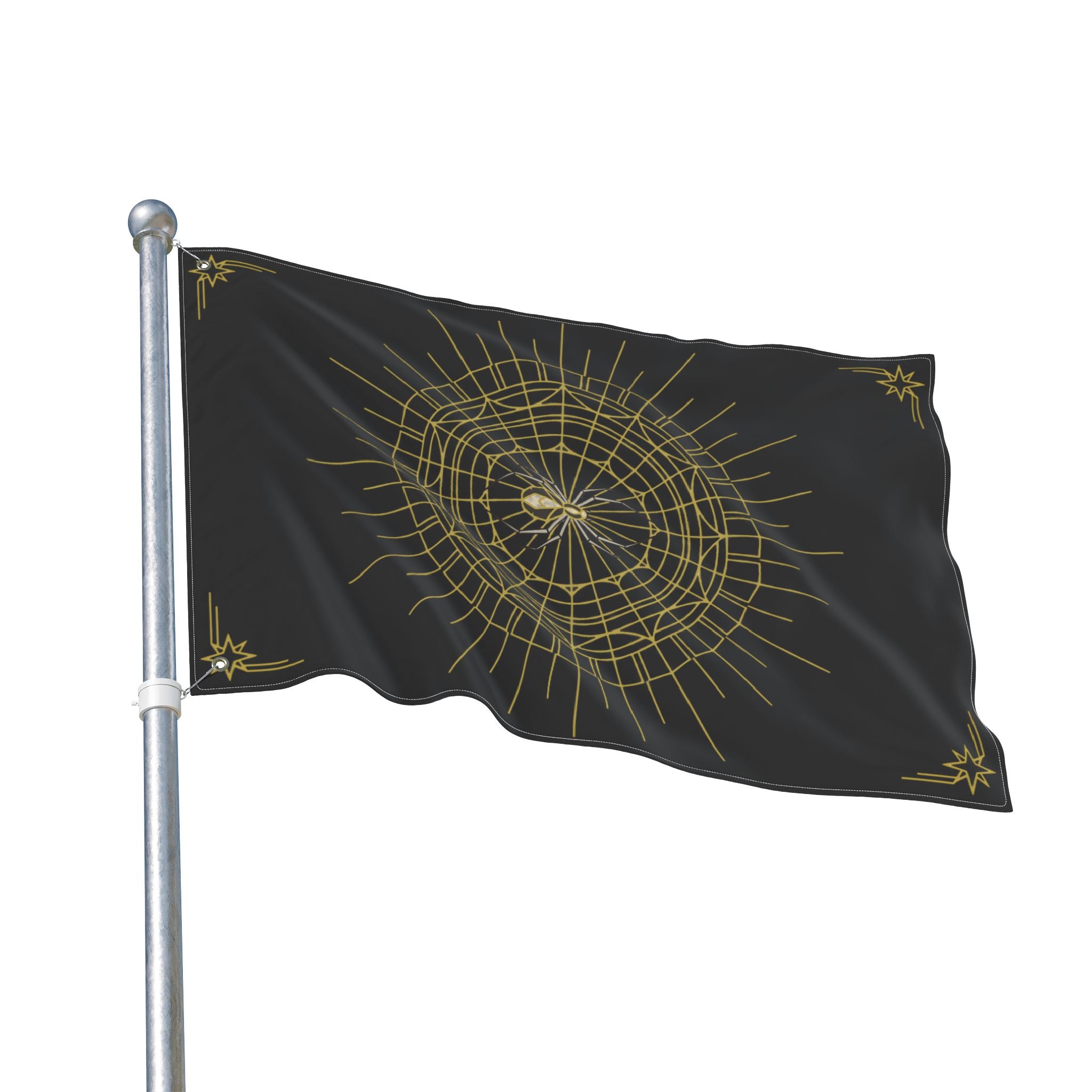 Black Halloween spider web flag with gold mandala, waving on a metal support pole