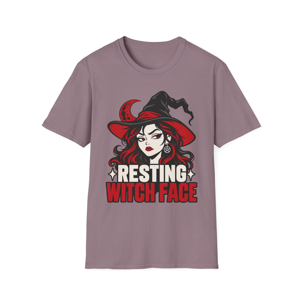 Dusty mauve Halloween T-shirt with resting witch face graphic