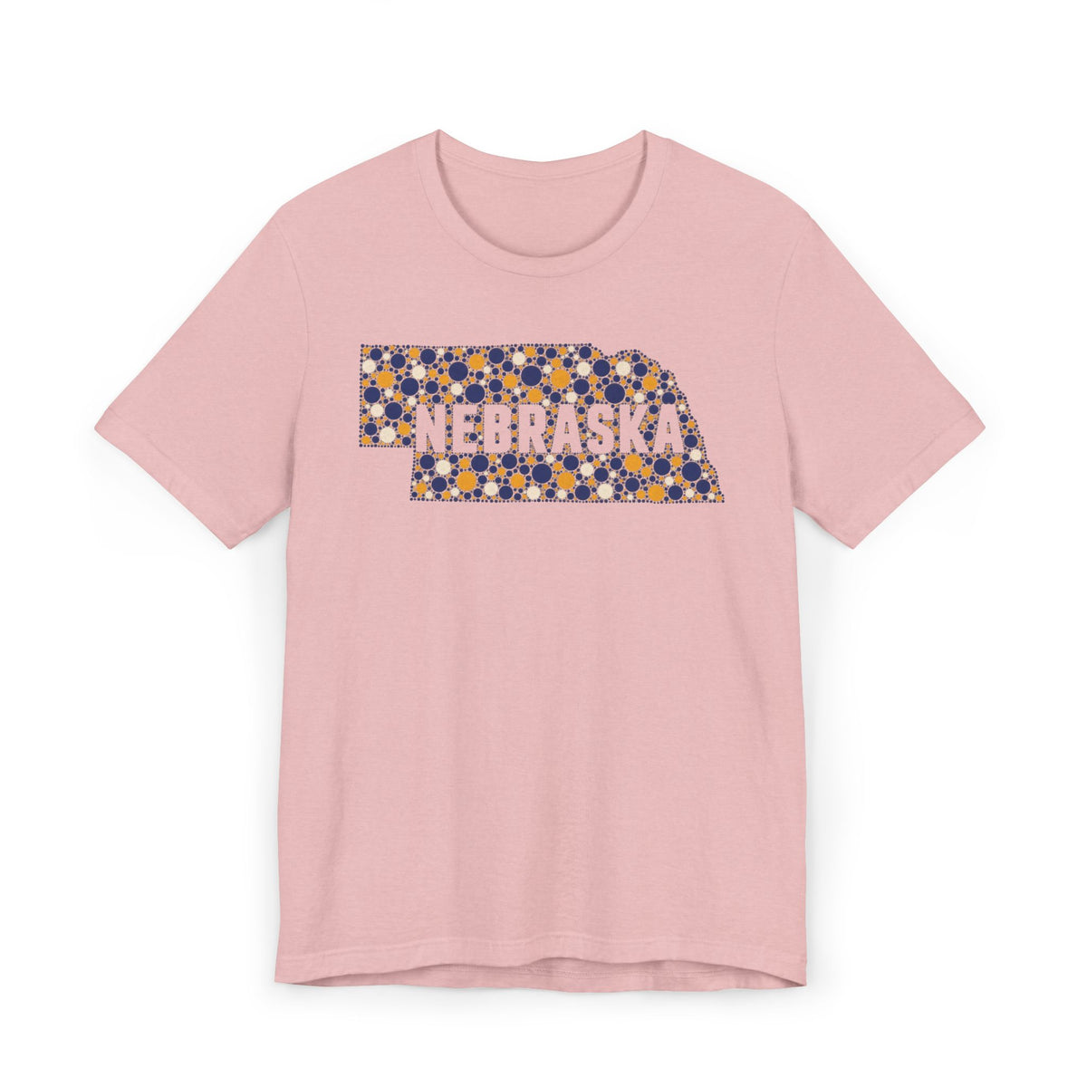 Pink tee with floral Nebraska outline graphic and NEBRASKA text