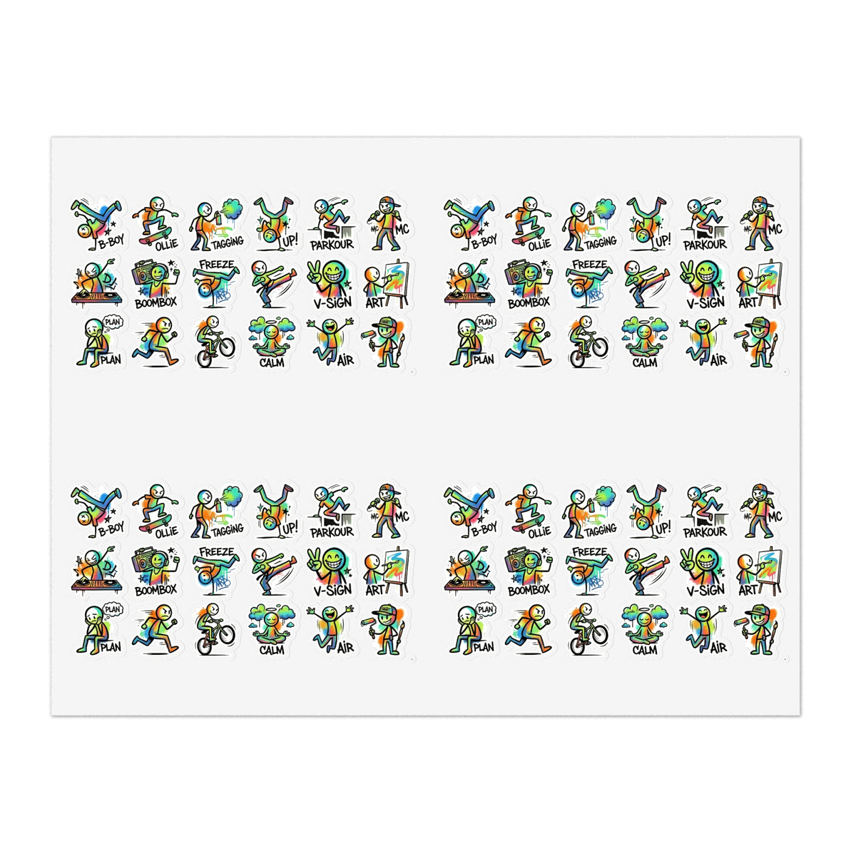 Sticker sheet with small outdoor activity character decals printed in multiple rows