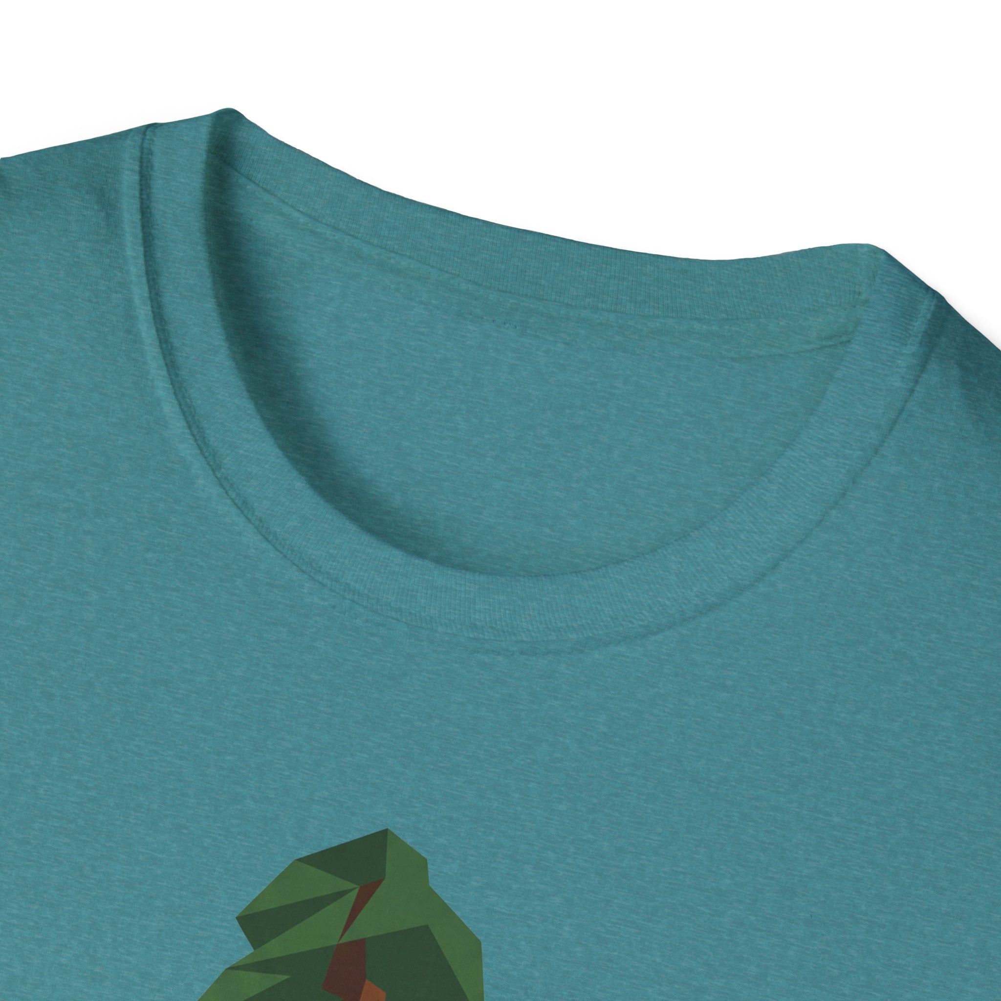 Geometric redwood tree T-shirt in teal, close-up of crew neck and upper print