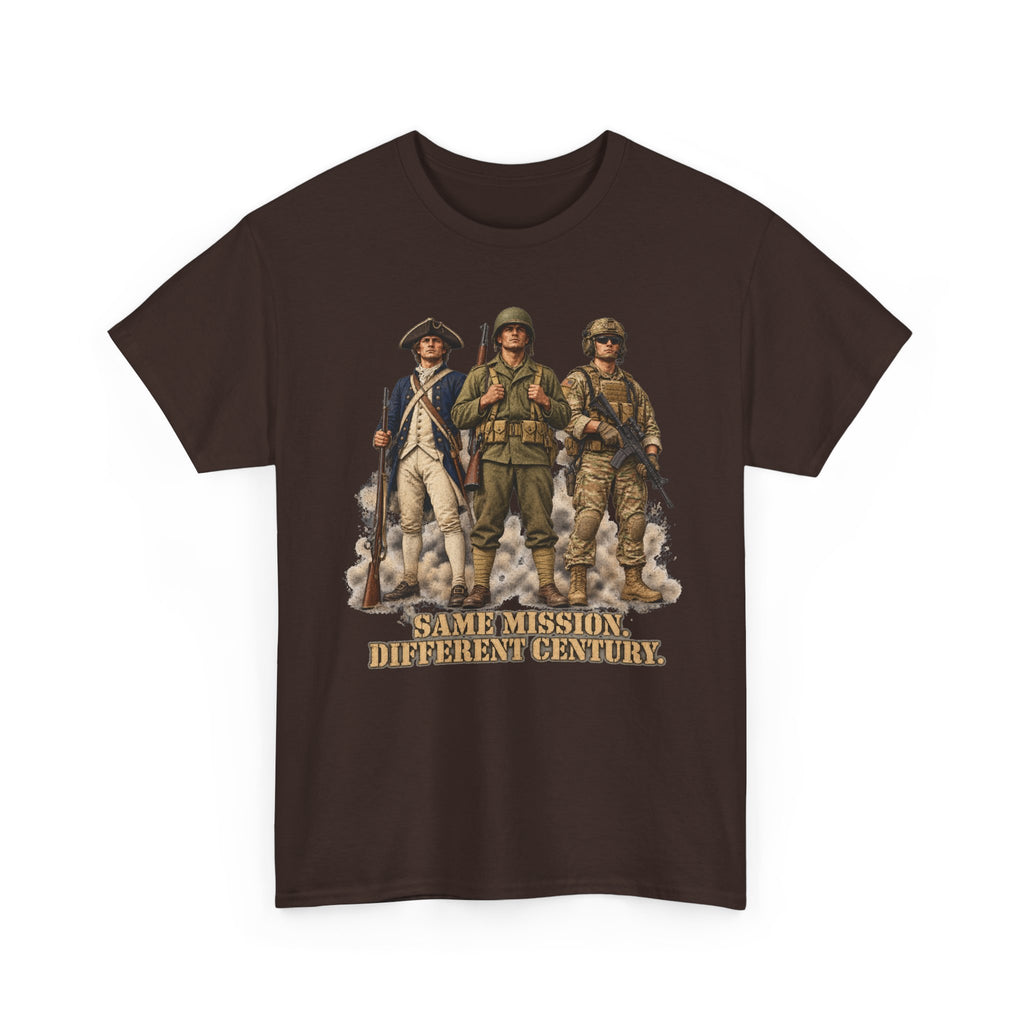 Dark chocolate graphic soldiers T-shirt with bold text "Same Mission Different Century."
