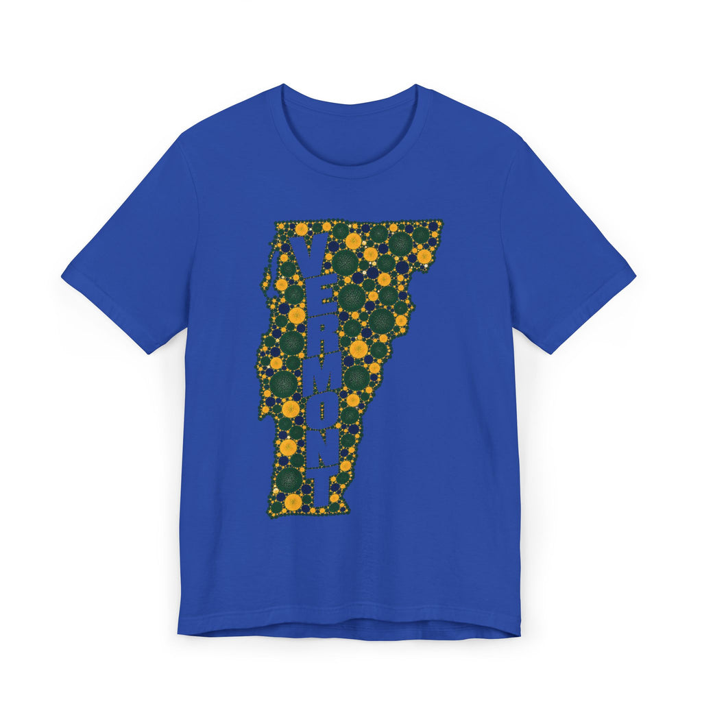 Royal blue graphic t-shirt with floral Vermont map outline and vertical "VERMONT" lettering.
