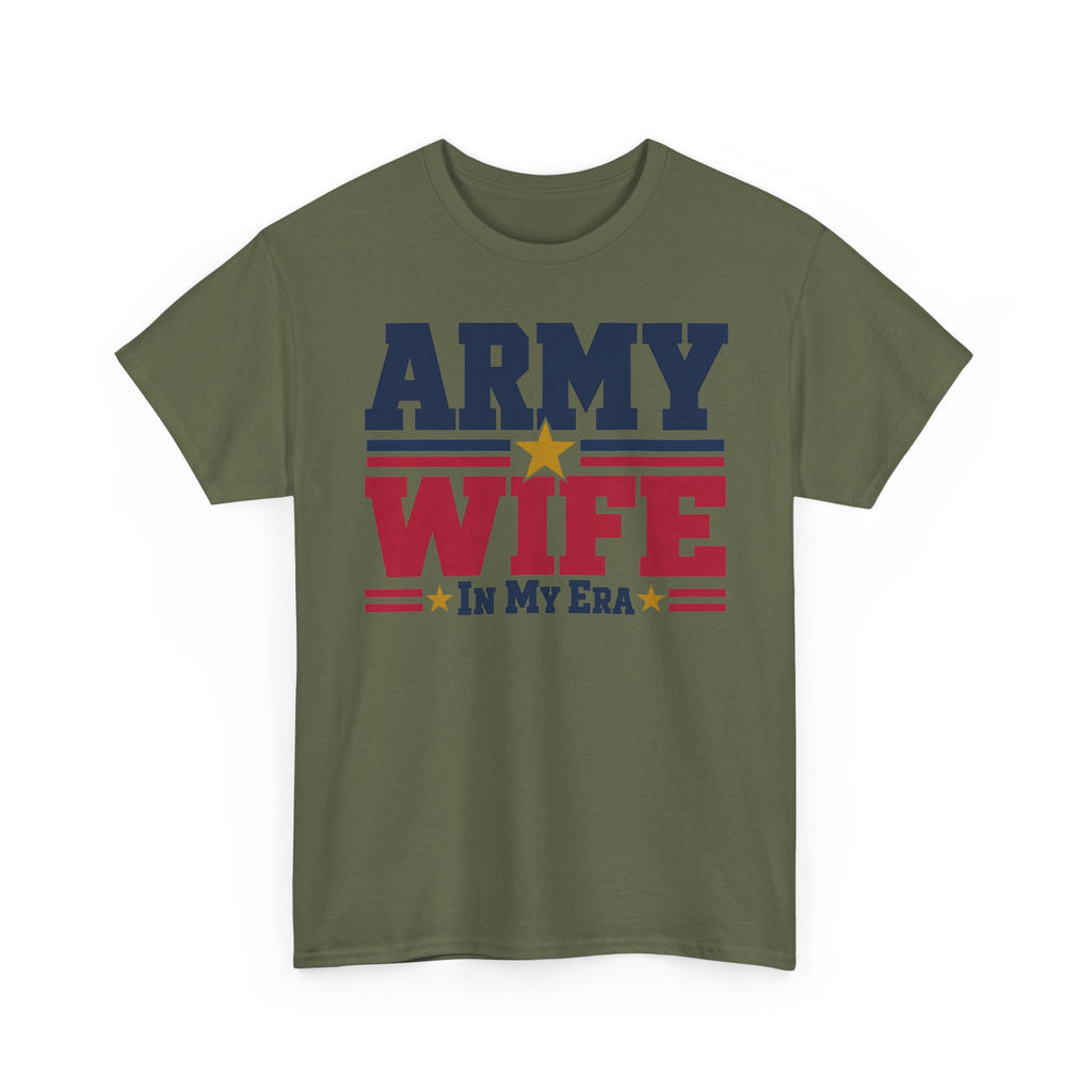 Olive green crewneck graphic t-shirt with retro "Army Wife" patriotic text and star