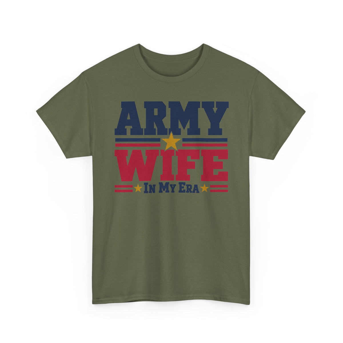 Olive green crewneck graphic t-shirt with retro "Army Wife" patriotic text and star