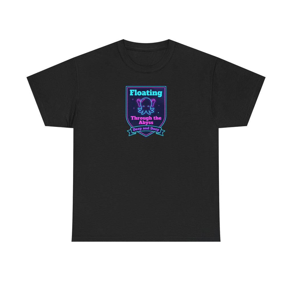 Black crewneck T-shirt with centered neon octopus graphic patch