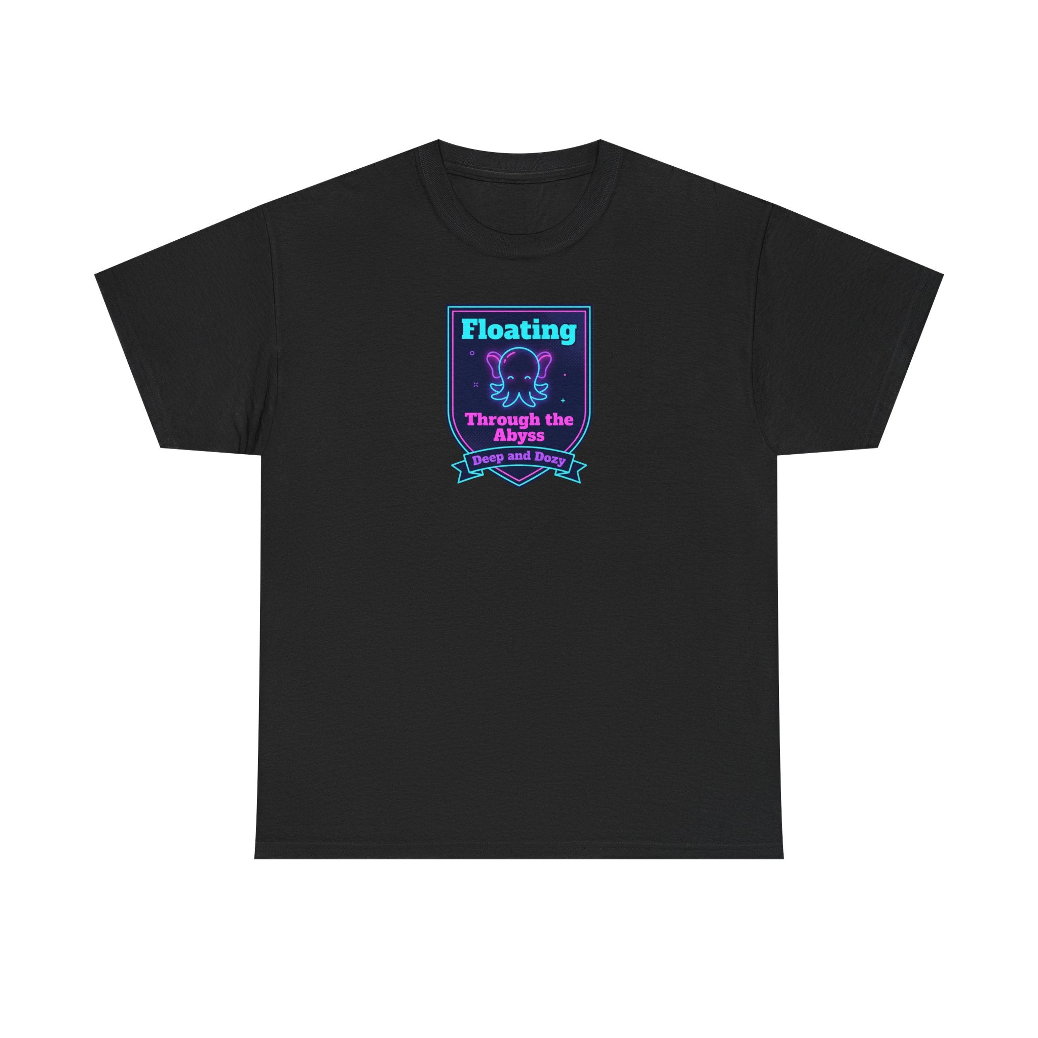 Black crewneck T-shirt with centered neon octopus graphic patch