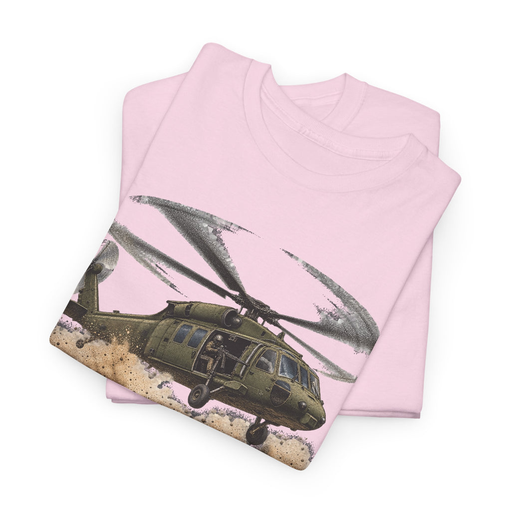 Light pink crewneck T-shirt with front helicopter graphic in olive and gray