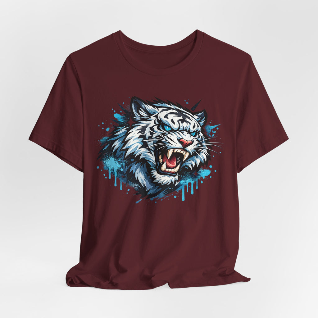 Maroon unisex crew-neck T-shirt featuring roaring tiger head graphic with blue drip