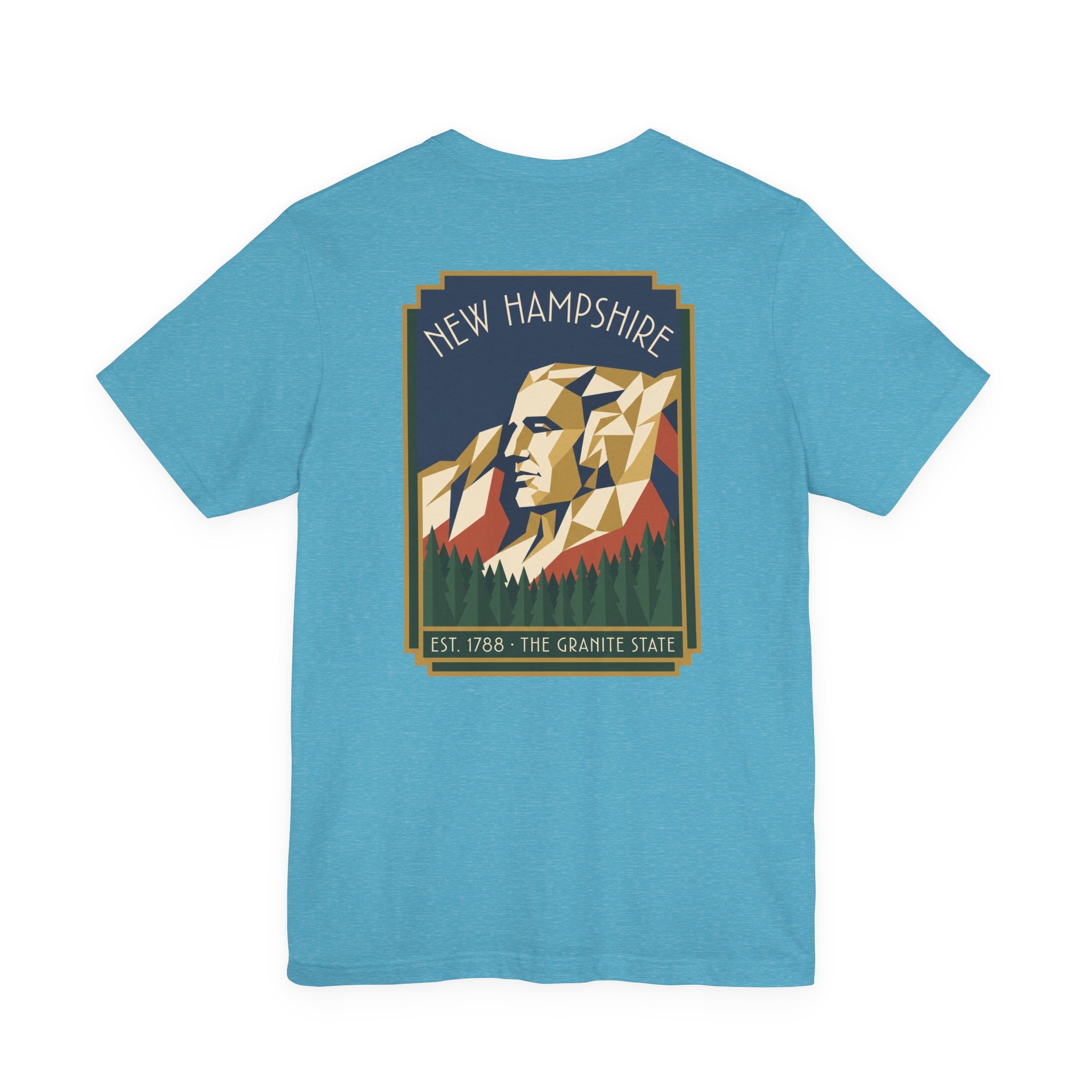 Art deco T-shirt in blue with framed New Hampshire mountain graphic