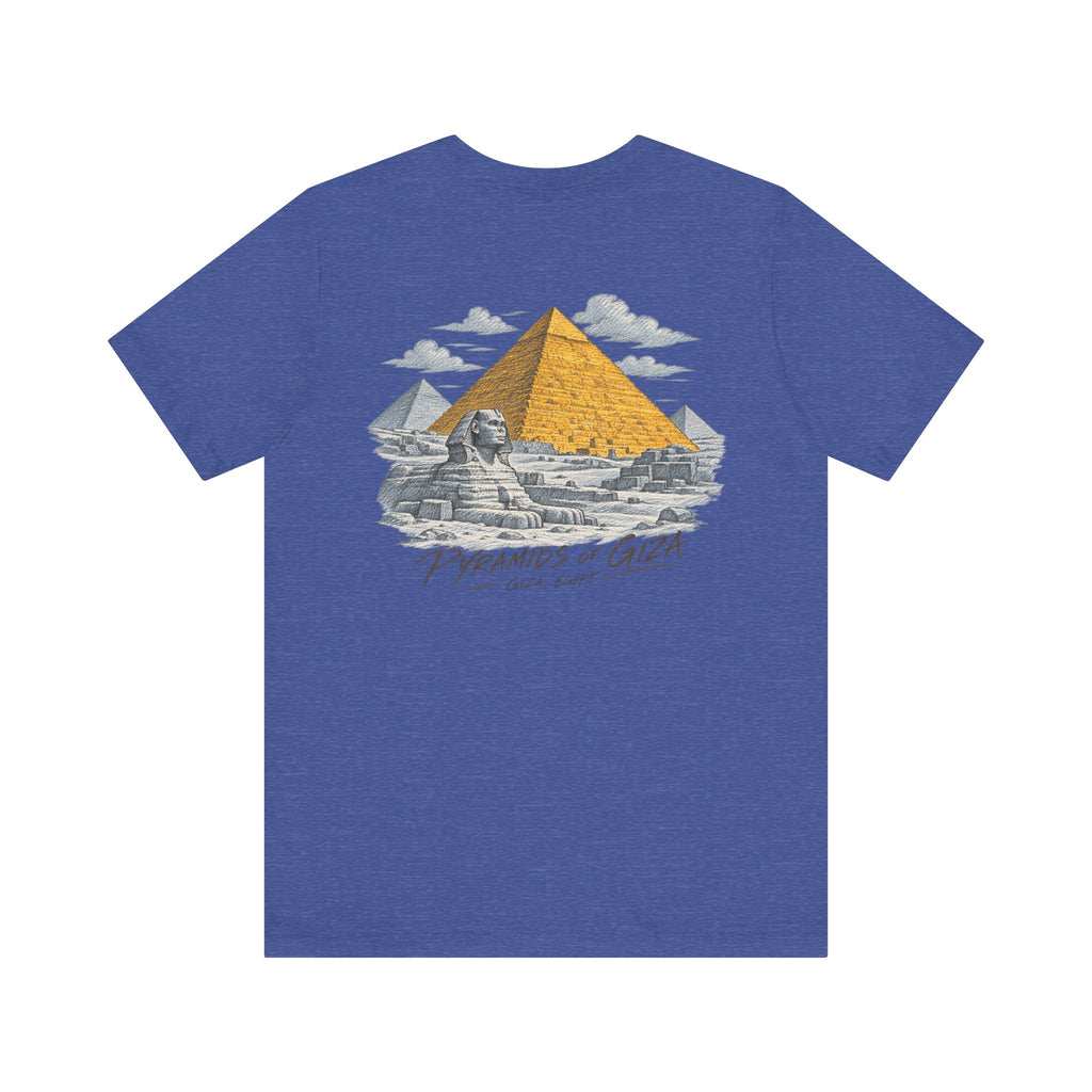 Heather true royal crewneck t-shirt with Pyramids of Giza and Sphinx graphic