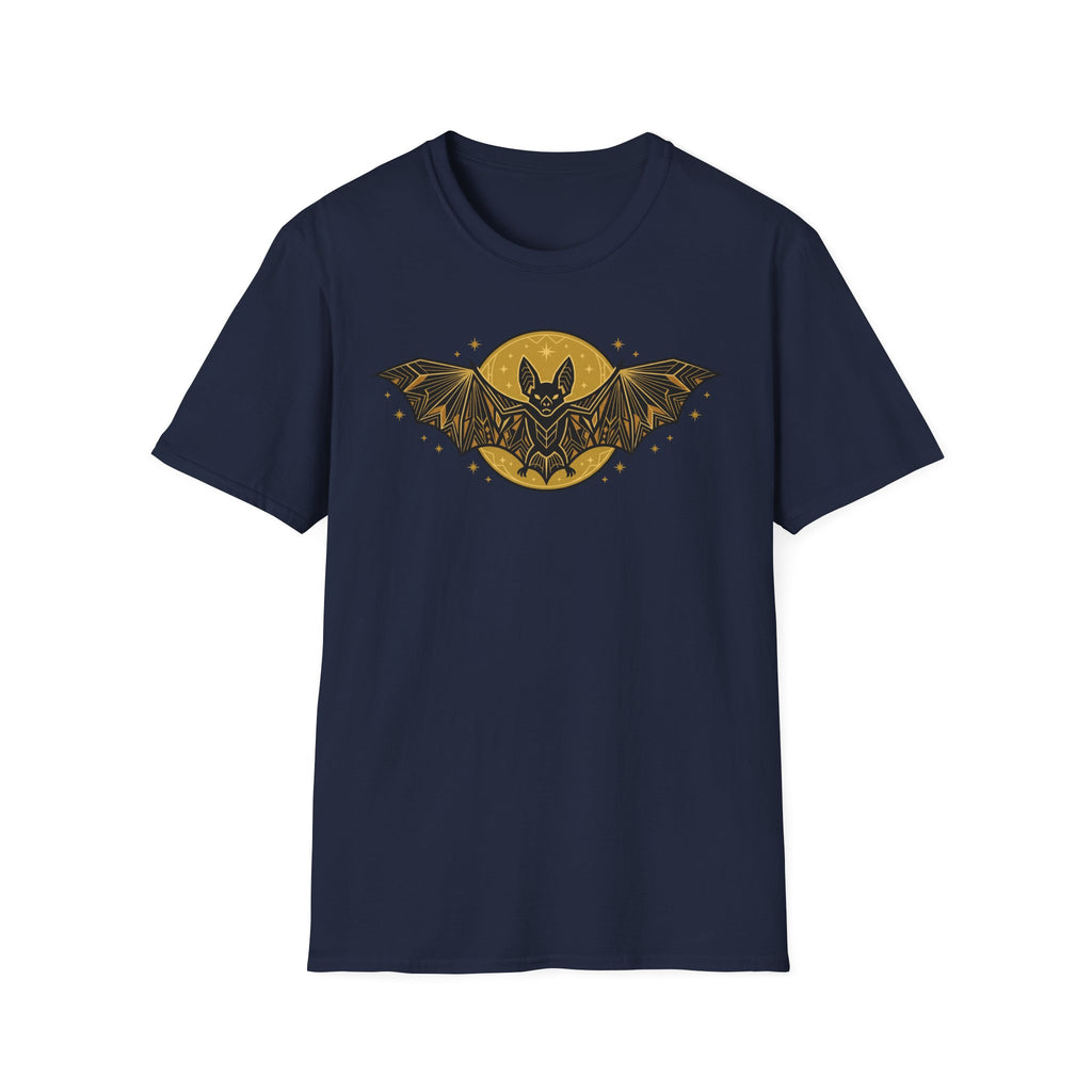 Navy T-shirt with gold bat and moon graphic on the front