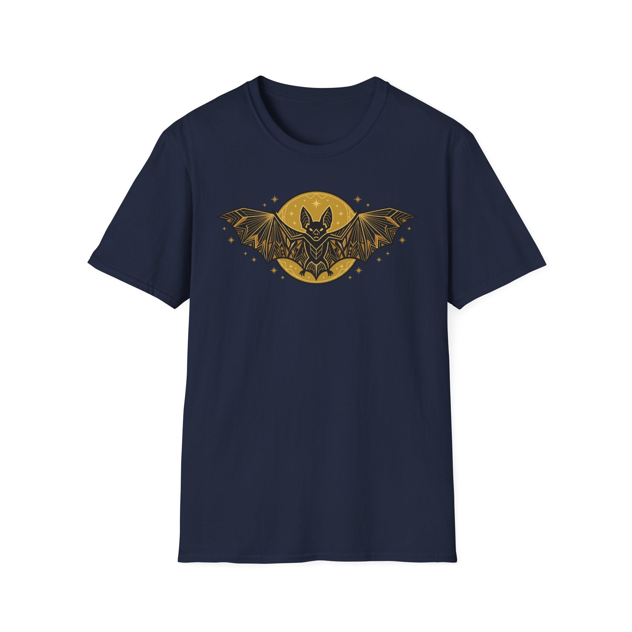 Navy T-shirt with gold bat and moon graphic on the front