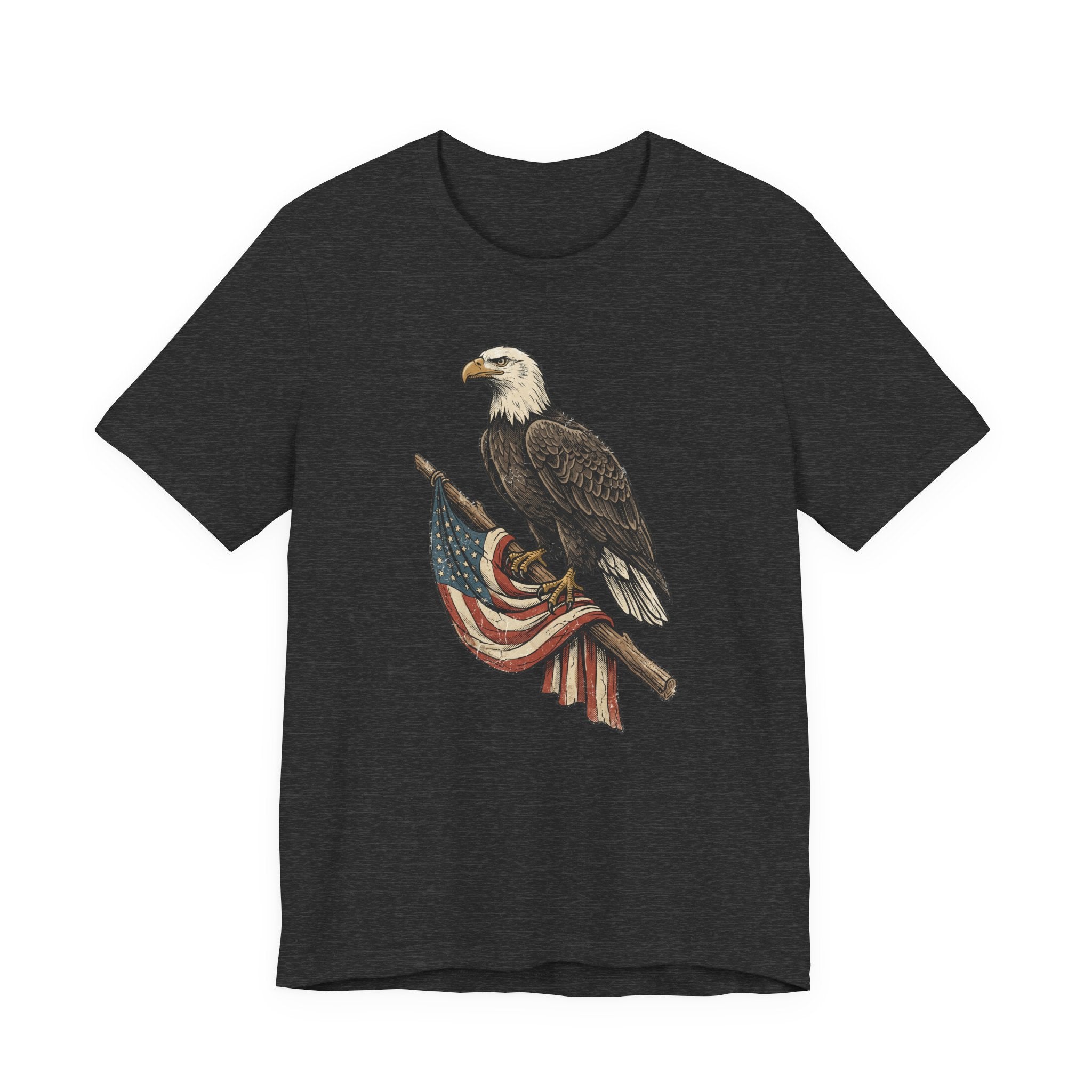 Dark gray crewneck t-shirt with vintage bald eagle graphic holding American flag