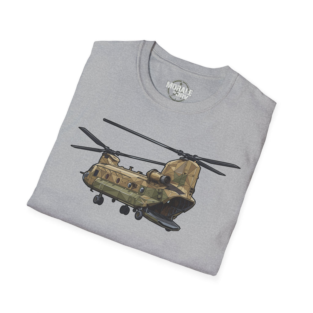 Light gray CH-47 Chinook T-shirt with camouflage helicopter graphic on the front