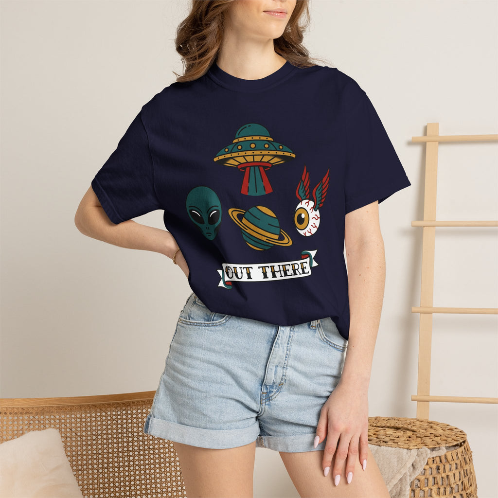 Dark navy T-shirt with alien, UFO, cat graphic and 'OUT THERE' text