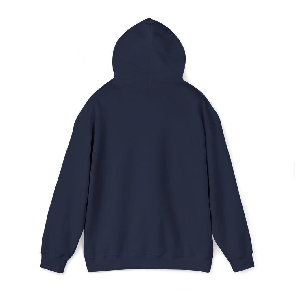 Dark navy pullover hoodie with attached hood and long sleeves