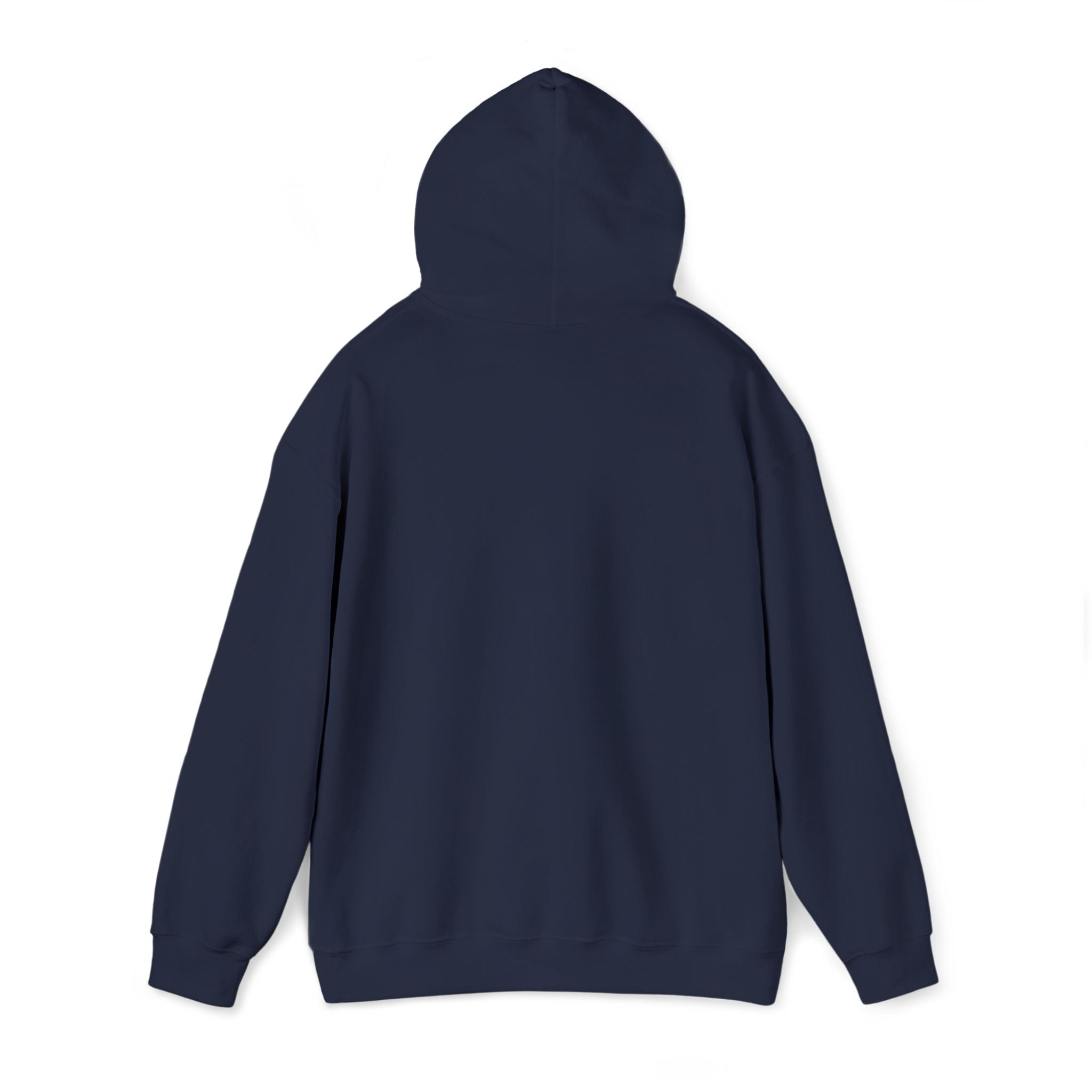 Dark navy pullover hoodie with attached hood and long sleeves