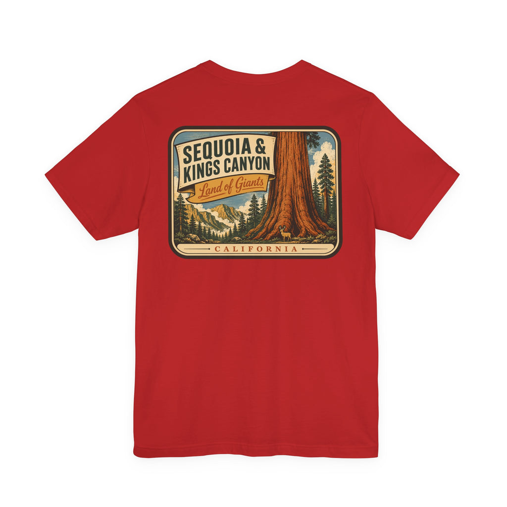 Red crewneck T-shirt with large back rectangle graphic: Sequoia & Kings Canyon, California