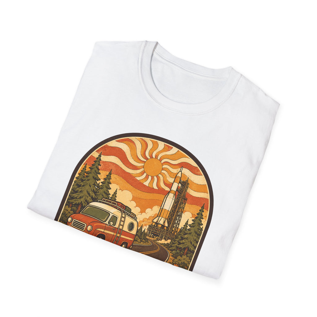 Unisex graphic T-shirt, white with vintage camper and sunset rocket scene in circle