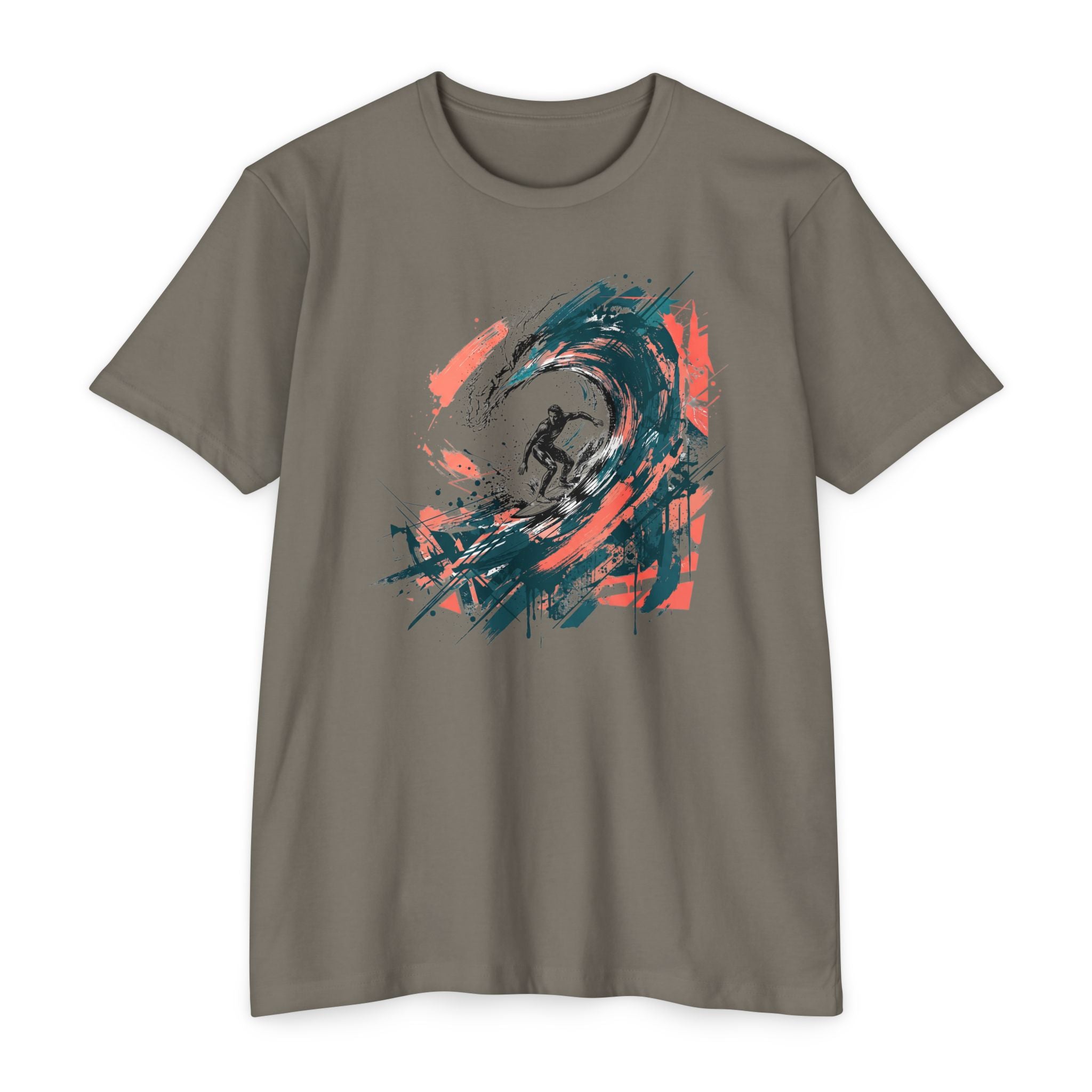 Unisex T-shirt in dark gray with abstract surfer wave paintbrush graphic on front.