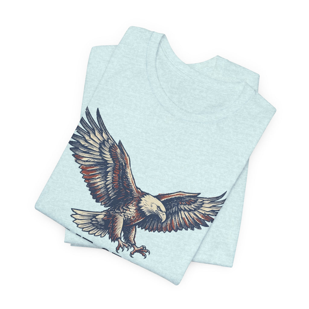 Light aqua crew-neck T-shirt with flying bald eagle graphic (back view)