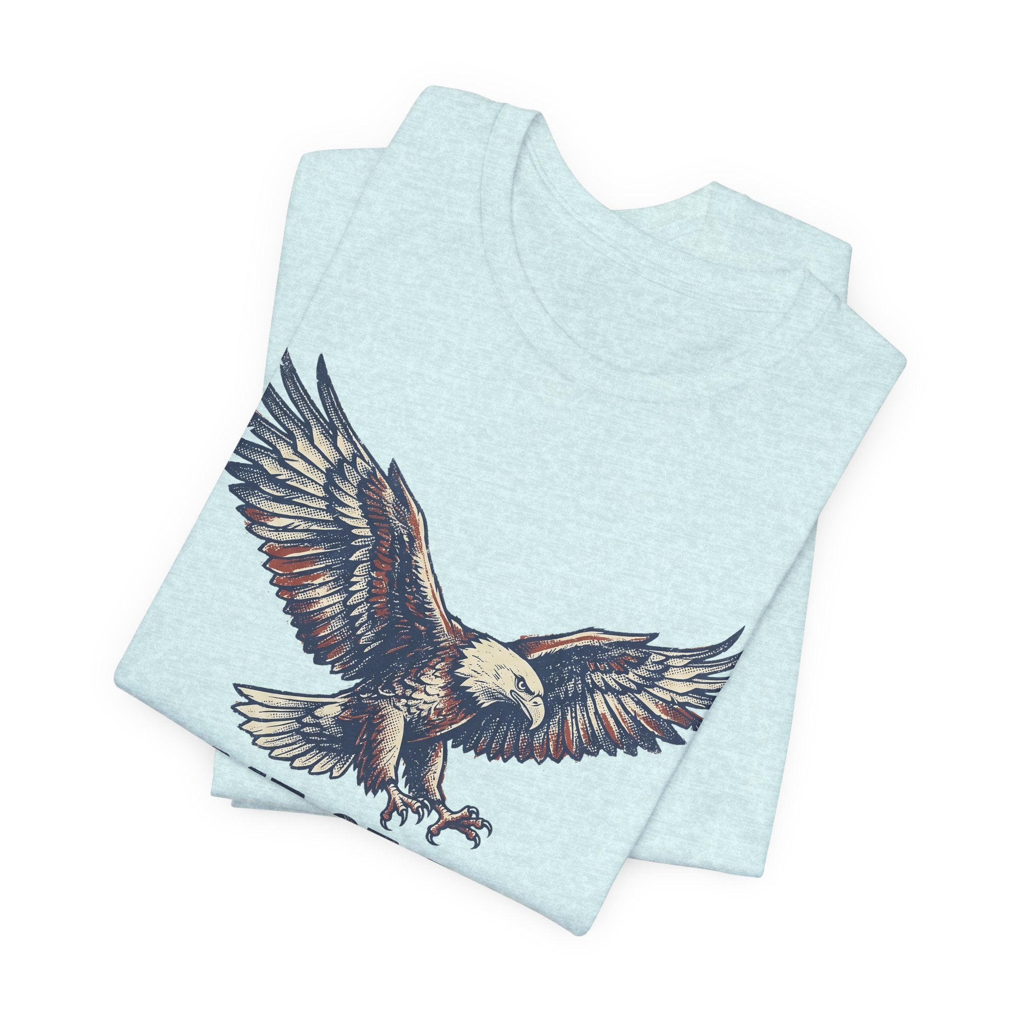 Light aqua crew-neck T-shirt with flying bald eagle graphic (back view)