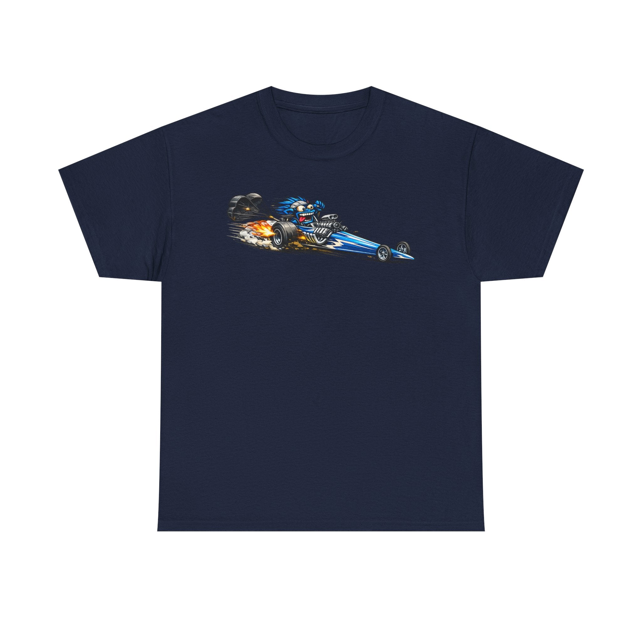 Navy graphic tee with flaming dragster hot rod car front print