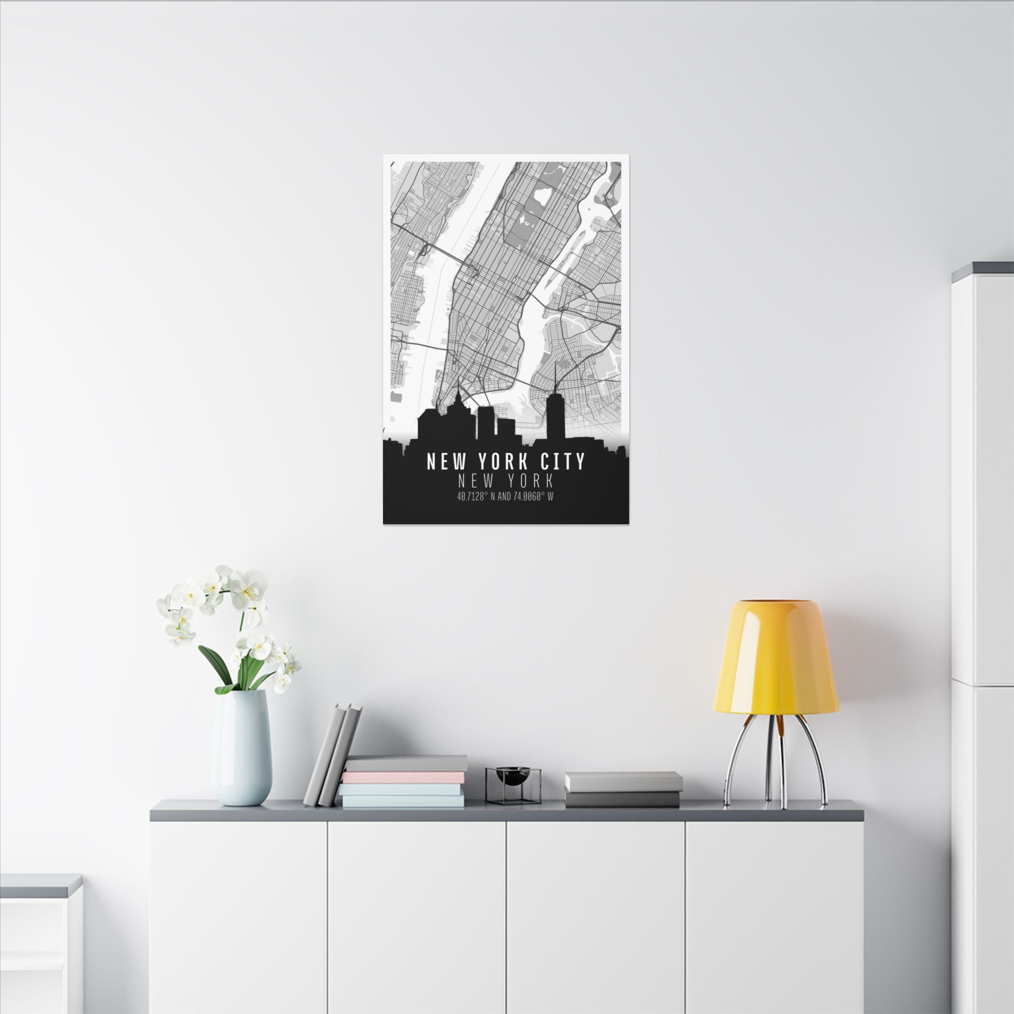 New York City skyline canvas map on wall, street grid design, black skyline silhouette, coordinates
