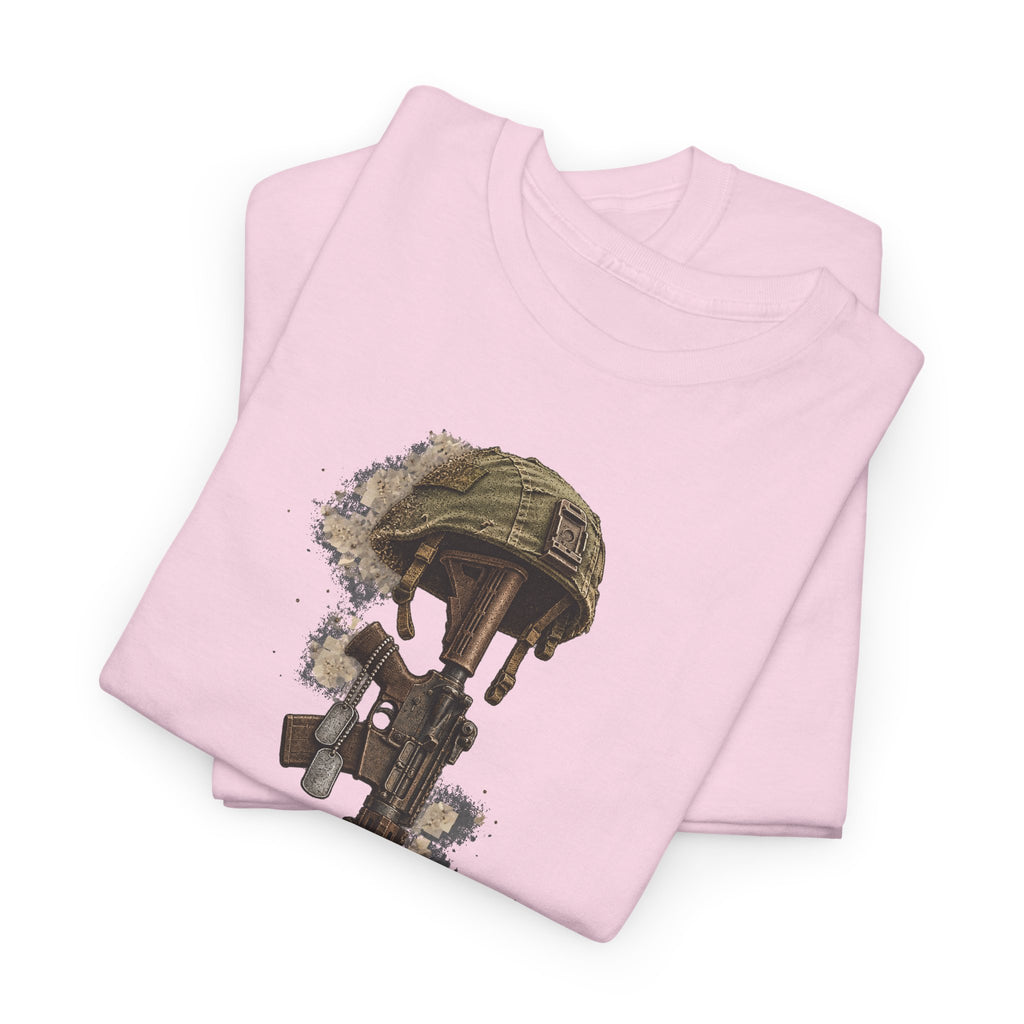 Light pink crewneck t-shirt with fallen soldier helmet and boots graphic