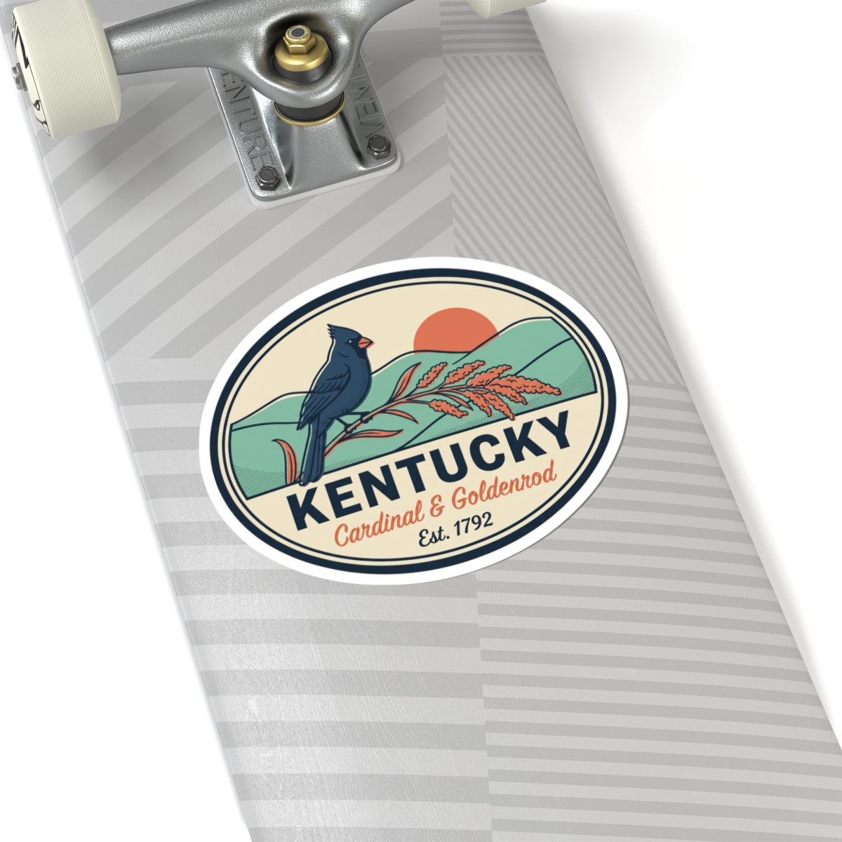 Round vinyl sticker badge with white border: blue cardinal, goldenrod blooms, Kentucky, Est. 1792.